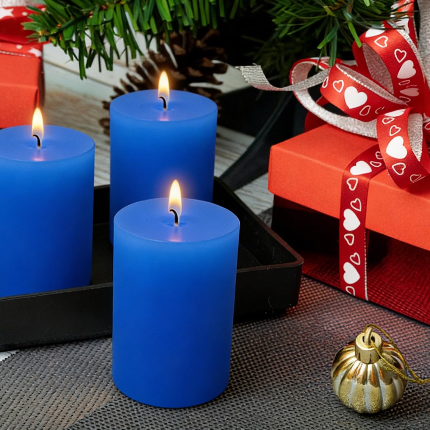 2.8" x 6" Hand-Poured Unscented Candle, Dripless Pillar Candle Set of 3, Approx 120 Hours Burn Time, Rustic Country Style, for Wedding, Dinner, Christmas and Home Decor, Dark Blue
