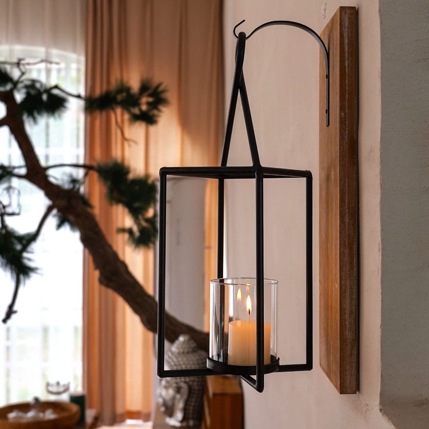 Homemory Wall Candle Sconce, Wood Rustic Candle Holder Decorative Candle Lantern with Glass Holder, Wall Decorations for Living Room, Dining Room