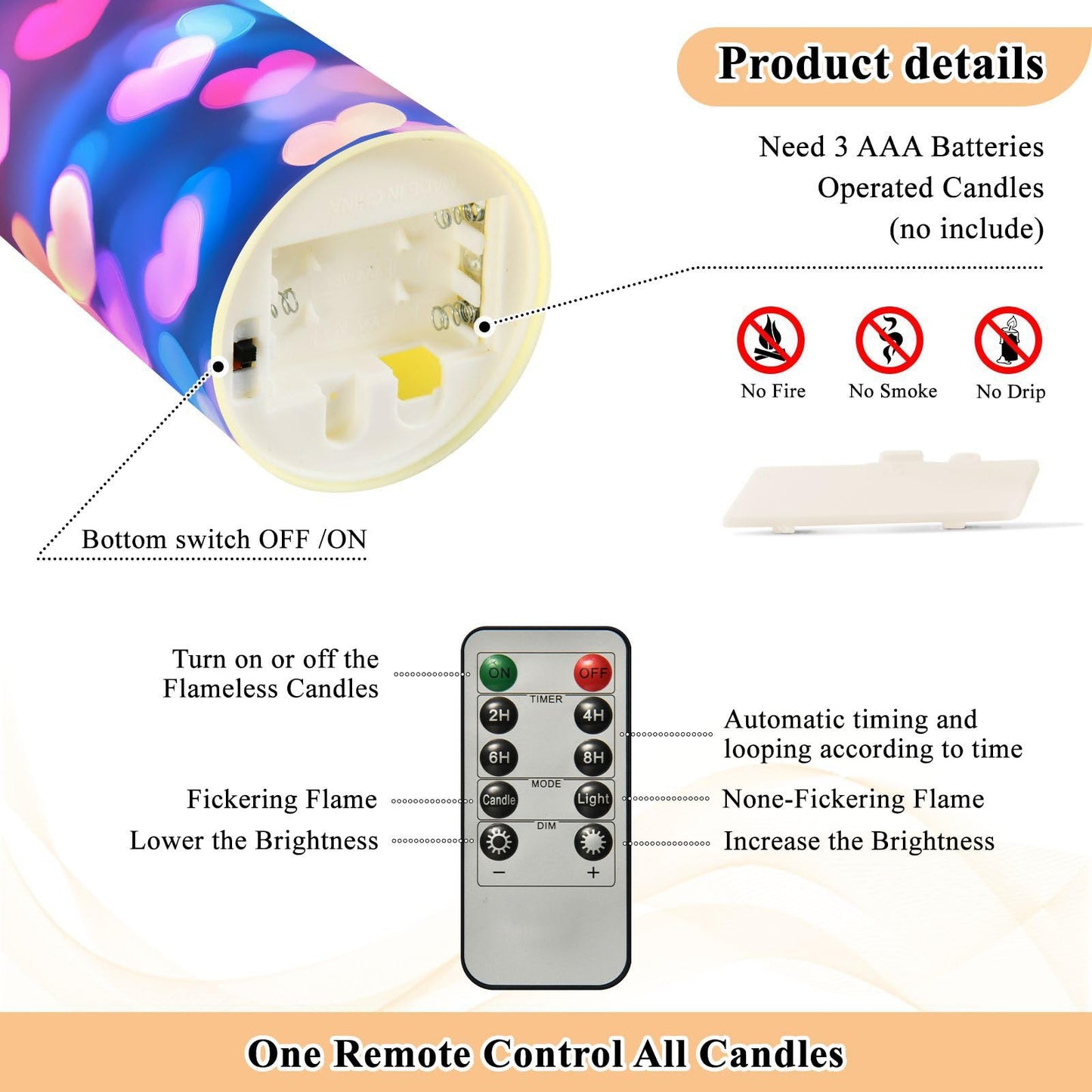 Valentines Flameless Candles Set of 2 Pink Blue Heart Neon Pattern Realistic LED Candles with Remote Battery Operated Holiday Decorations