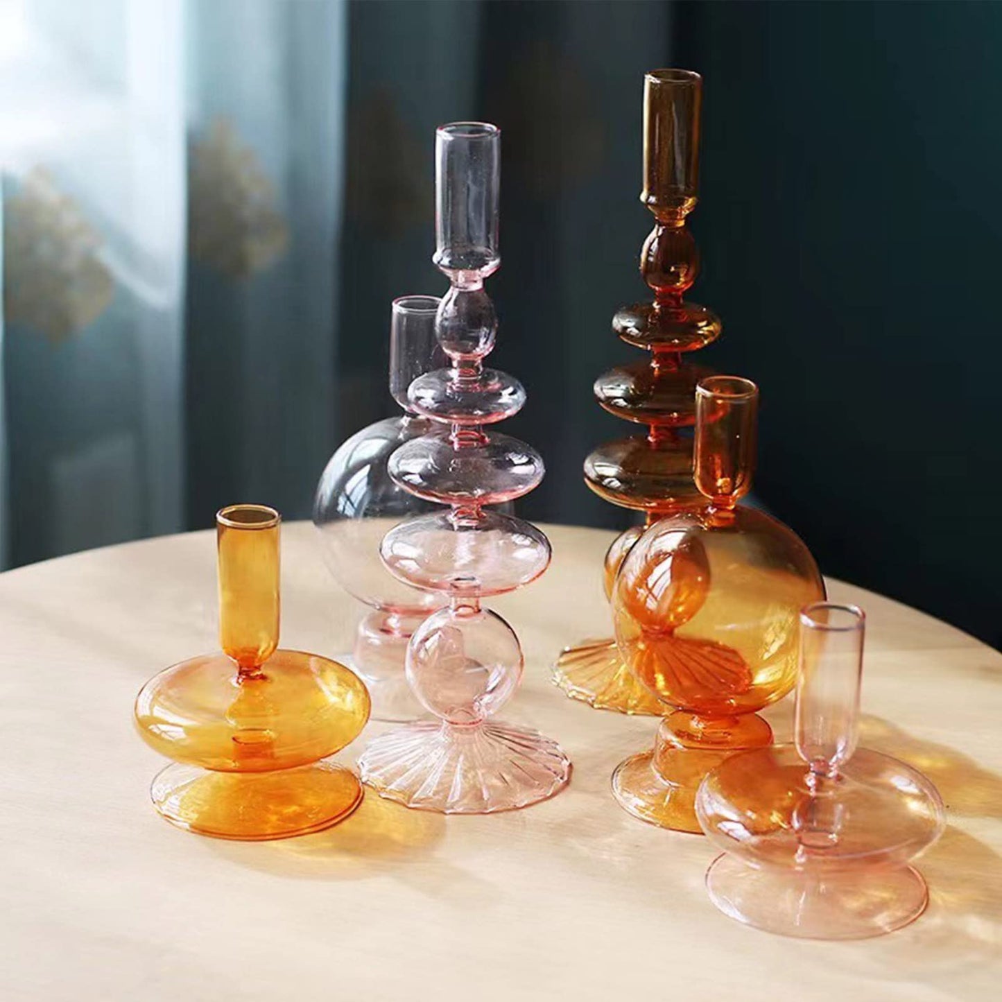 Ddewing Glass Candlestick Holders Simple Creative Glass Vase Candle Holder Colorful Glass Pillar Candle Stand Candlestick Wavy Elegant Glass Candlestick for Home Centerpiece (Pink C)
