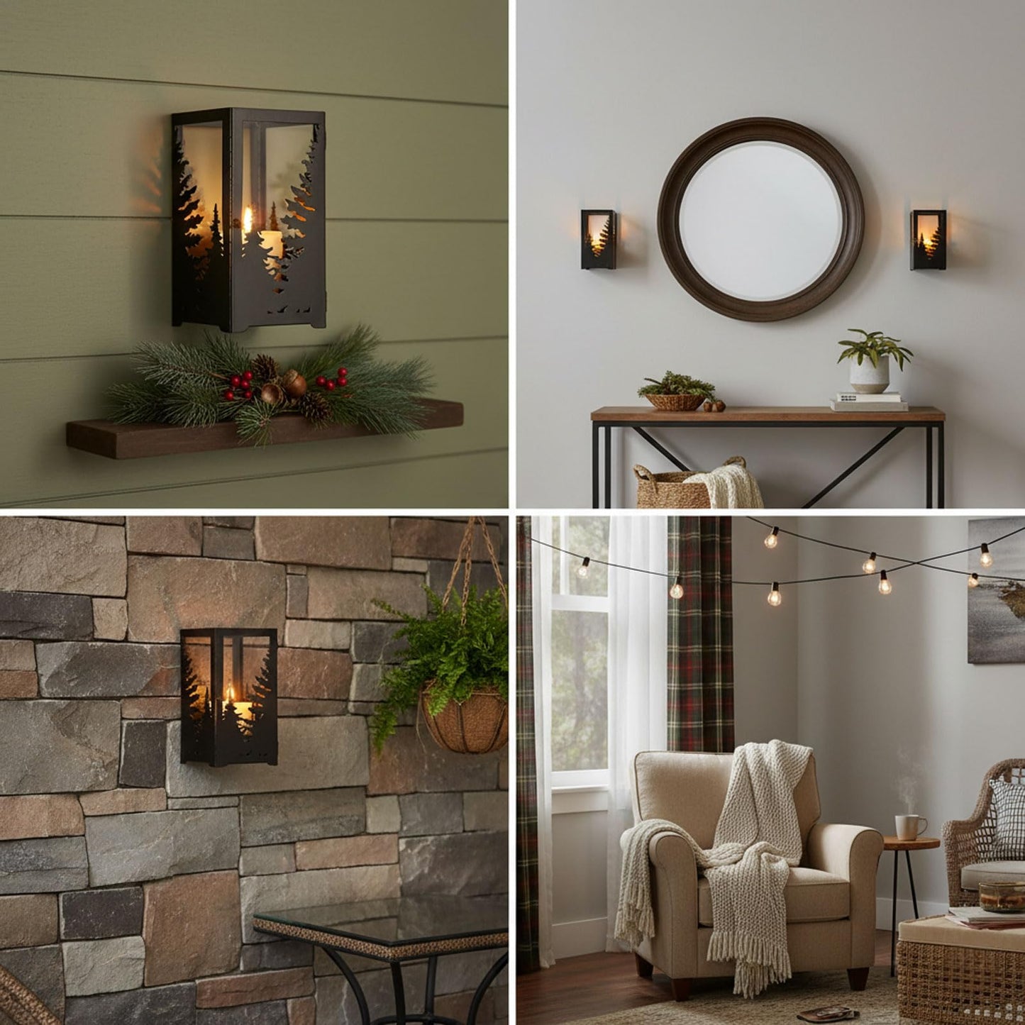 AIM & GGKK Wall Sconce Candle Holder - Set of 2 Black Forest Pine Tree Metal Rustic Candle Sconce for Wall Mount, Geometric Mountain Scene Wall Decor for Living Room, Bedroom