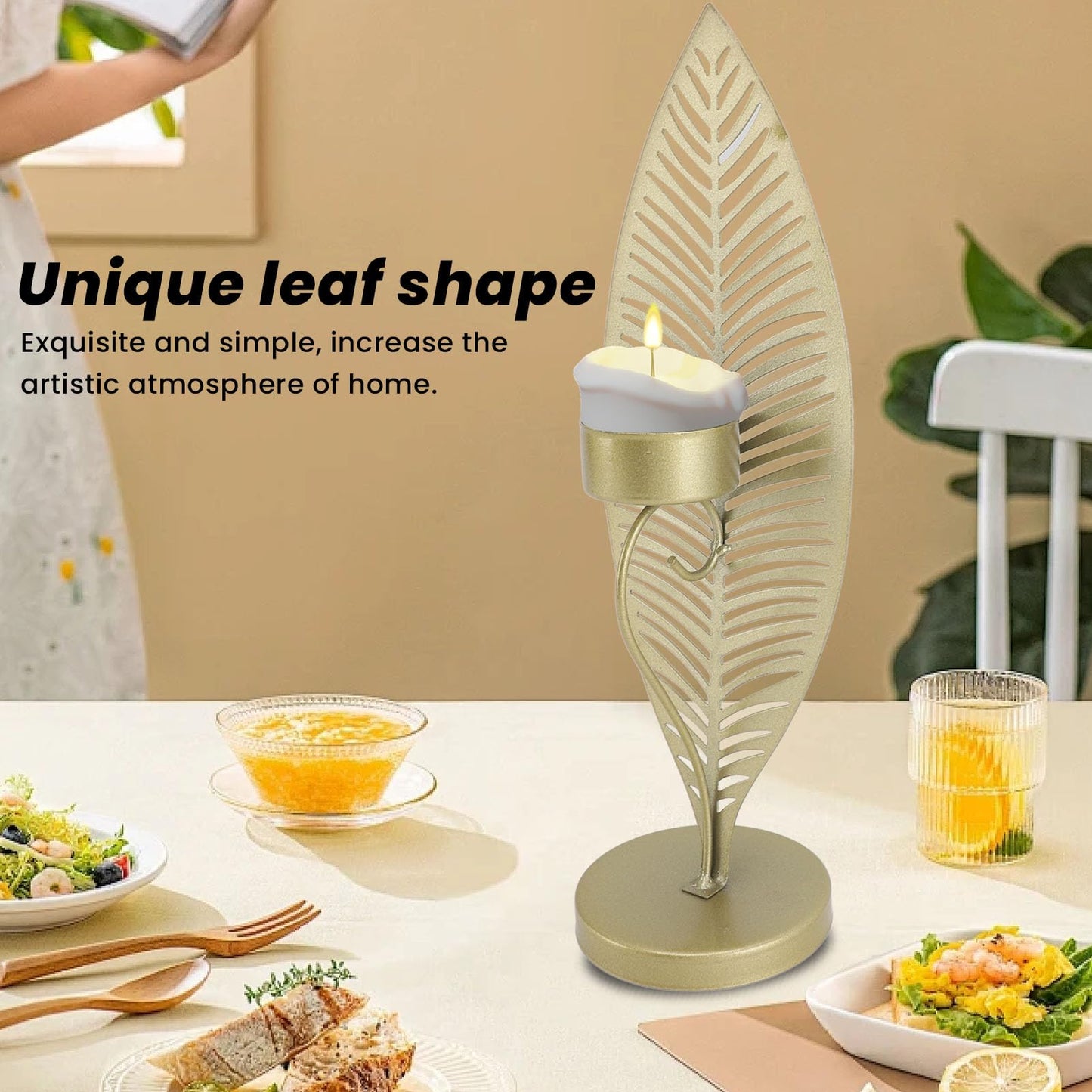 Iron Leaf Candle Holder, Minimalist Wrought Iron Candlestick Stand, Unique Leaf Shape Metal Candle Holder with Nordic Design for Dining Room Home Decor (Gold)