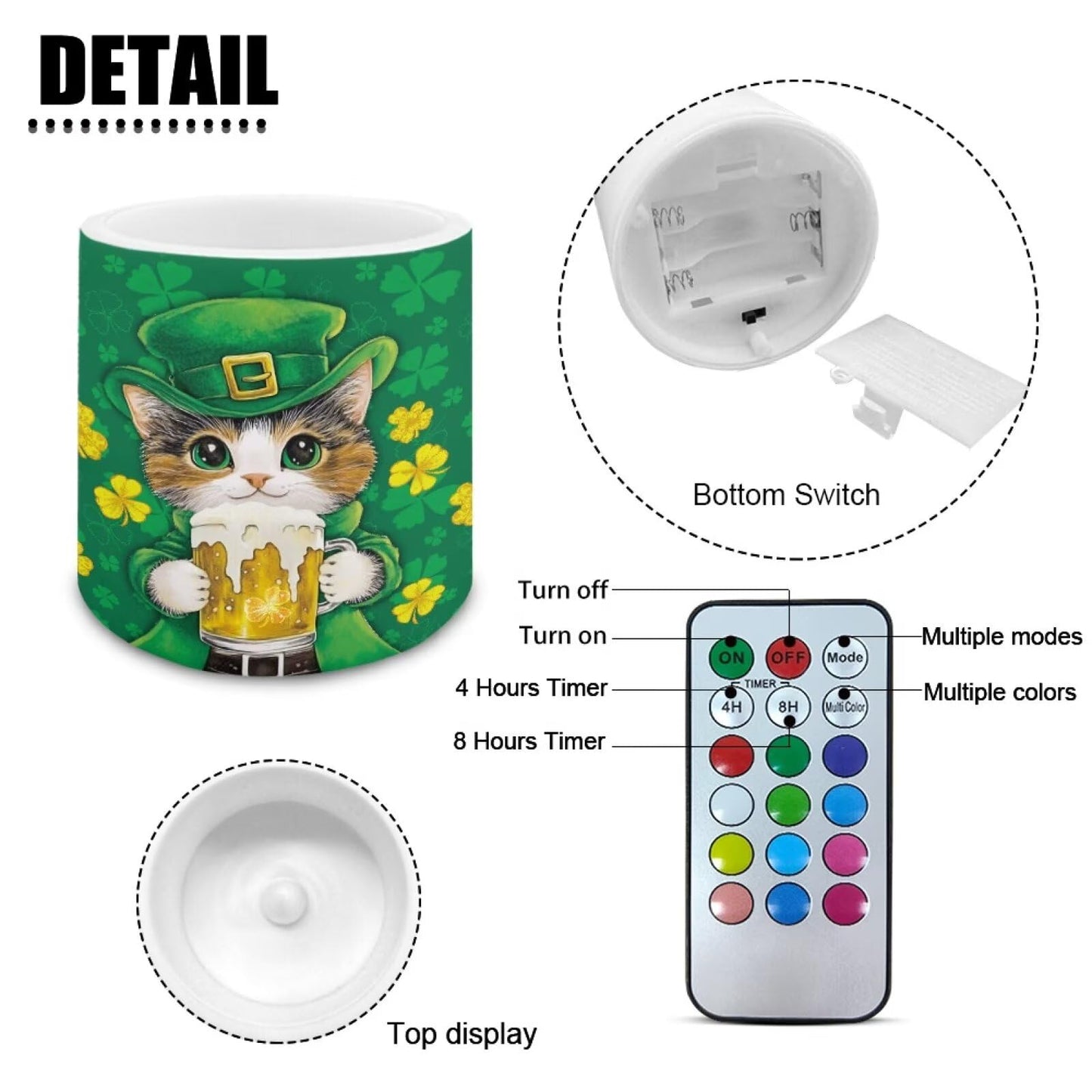 Merkmak St Patrick's Day Flameless Candles with Remote Battery Operated LED Pillar Candles with Timers Tea Lights for Party Home Living Room Decor, Cat Shamrocks Print