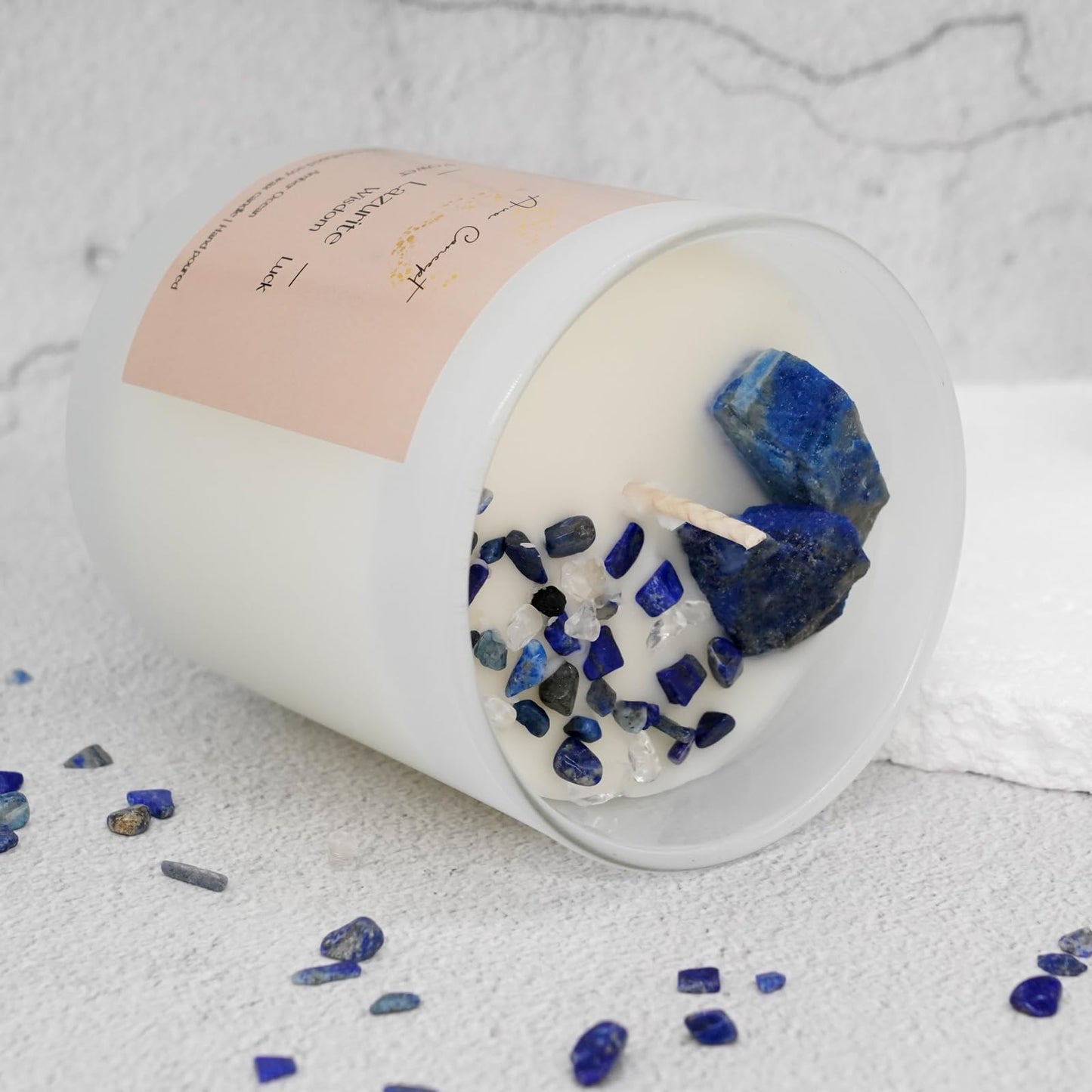 Ava Concept Lazurite Crystal Candle – 10oz / 280g | Amber Ocean Aromatherapy | Hand-Poured Soy Wax | Genuine Lapis Lazuli Healing Crystals Embedded | Power, Wisdom & Luck | Gift Box Included