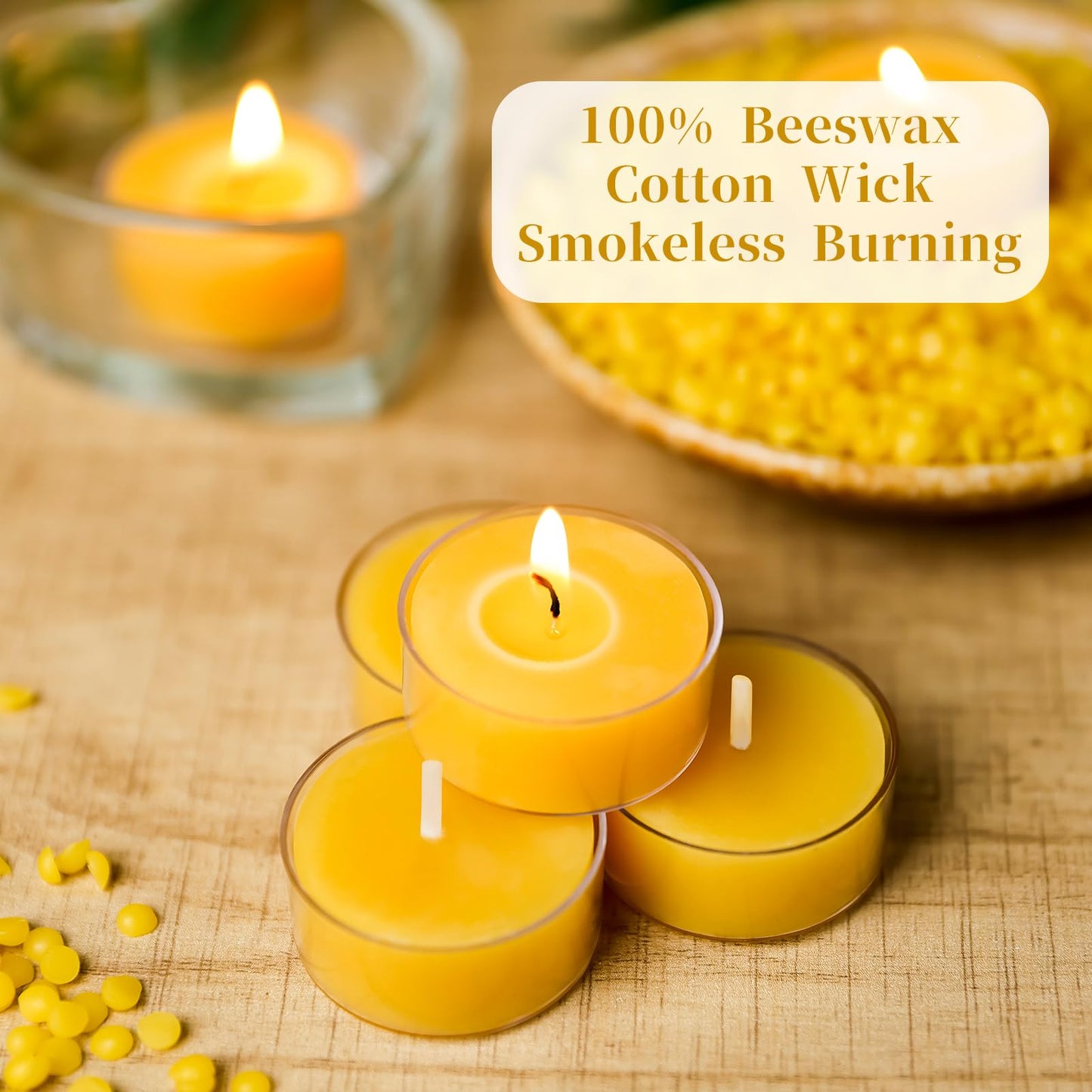 100 Packs Beeswax Tealight Candles Bulk,4 Hours 100% Pure Beeswax Tea Lights Candle in Clear Cup,Natural Scent Bees Wax Candles Small Smokeless Clean Burning Perfect for Home Decor for Party Christmas