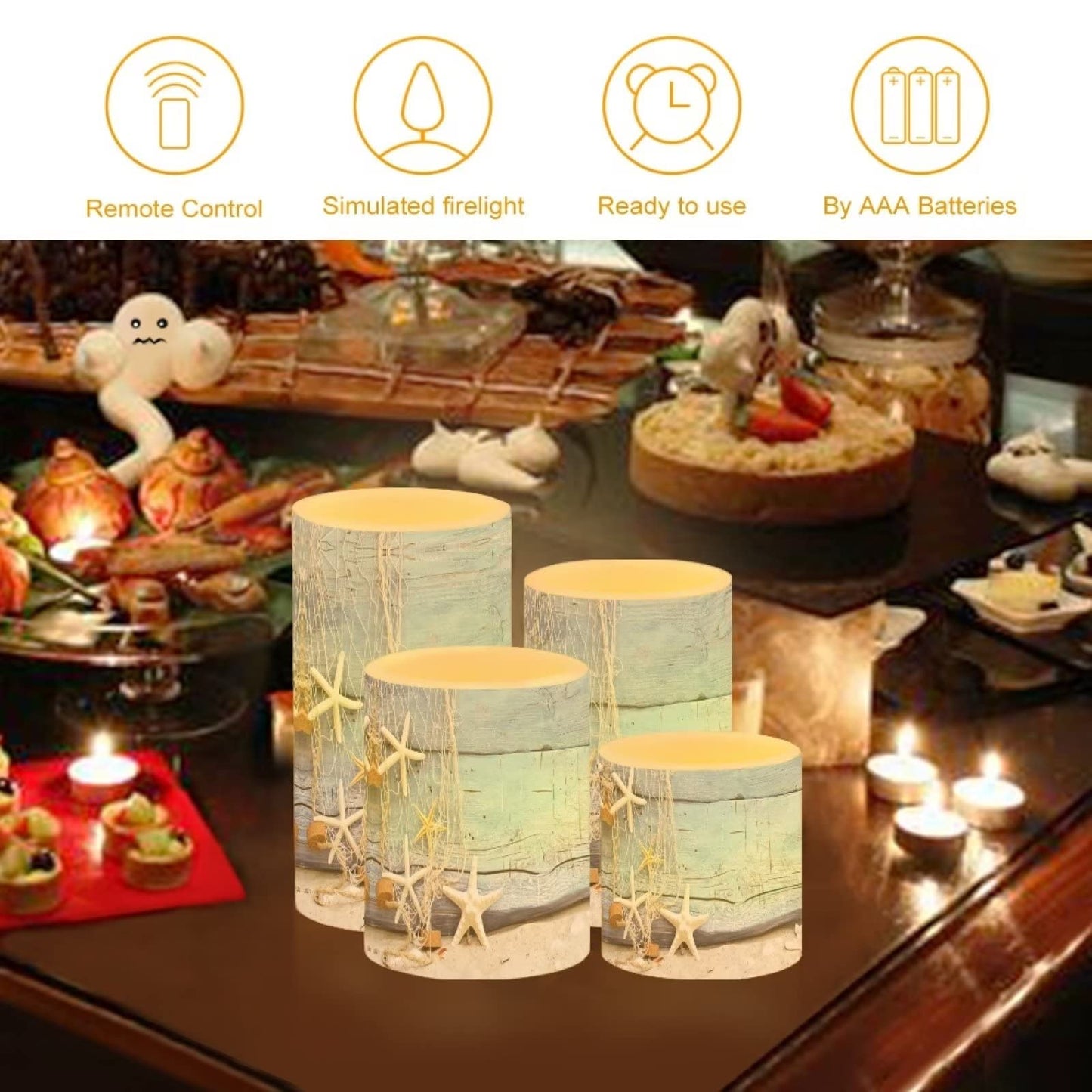 NETILGEN Flickering Flameless Candles 4 Pieces Set, LED Pillar Candles with Timer Battery Operated Tea Lights for Coastal Decor, Beach Starfish with Blue Wood Grain