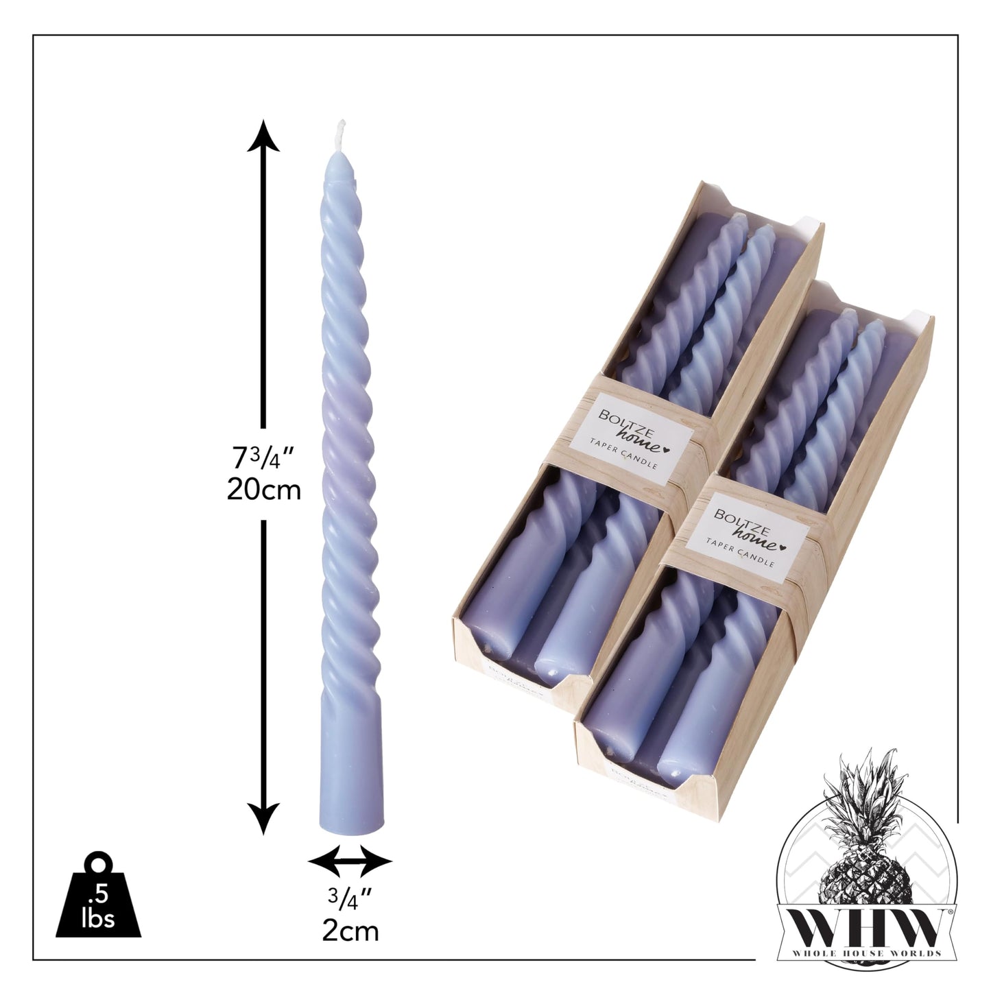 12 Piece Pale Purple Twist Taper Candles, 2 Boxed Sets of 6, 4 Hours Burn Time, Paraffin Wax, 7.75 Inches