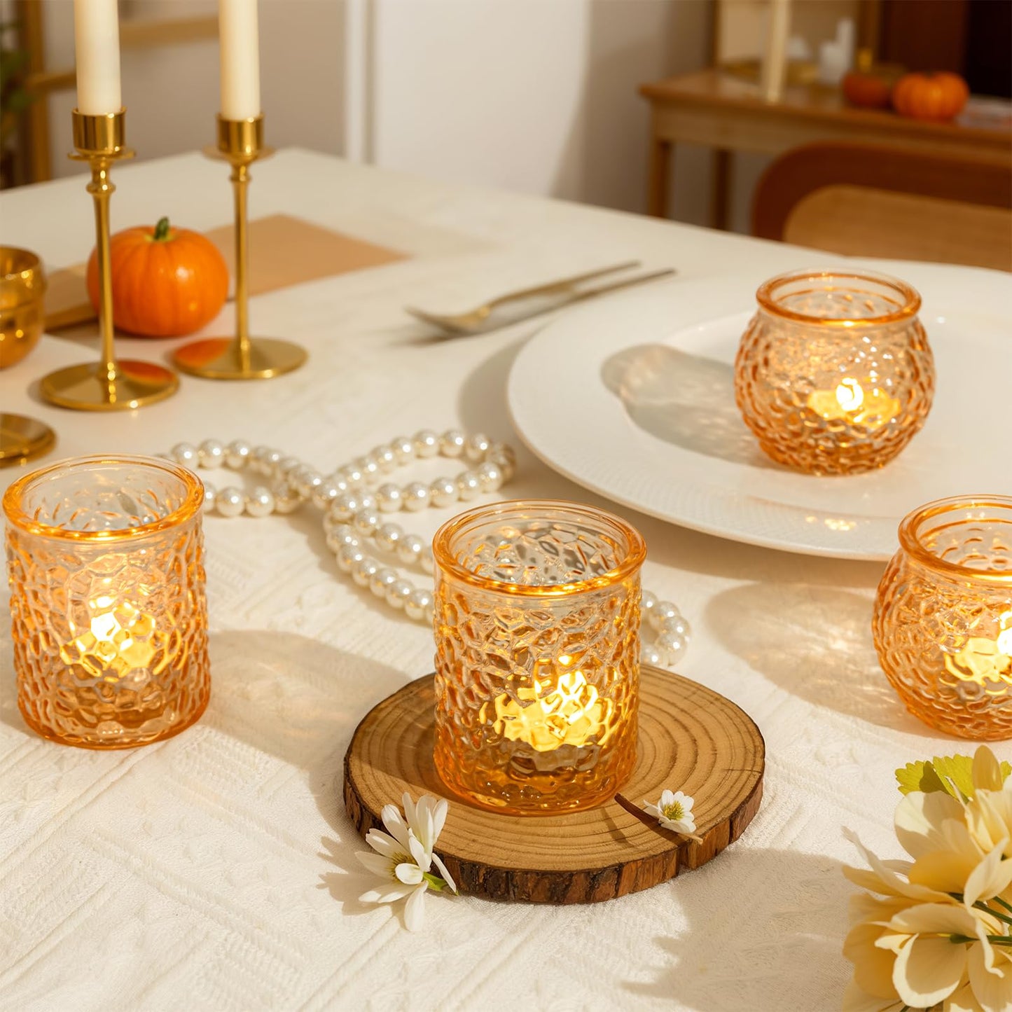 24-Piece Gold Glass Votive Candle Holders Set – Tealight Candle Holder Glass Bulk with 12 Round & 12 Hammered Textured Cups, Gold Votive Candle Holders for Weddings, Parties, Home