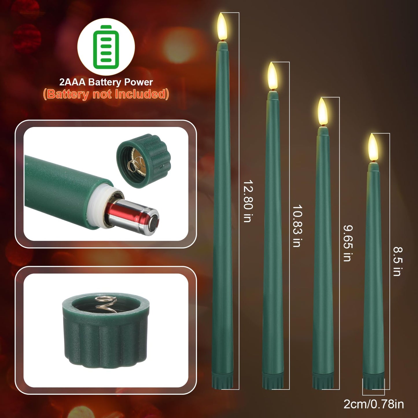 Rossesay 24 Pcs Flameless LED Taper Candles Battery Operated Candle 8.5", 9.65", 10.8", 12.8" Flameless Candlesticks Flickering for Christmas Church Wedding Indoor Decoration(Classic, Green)