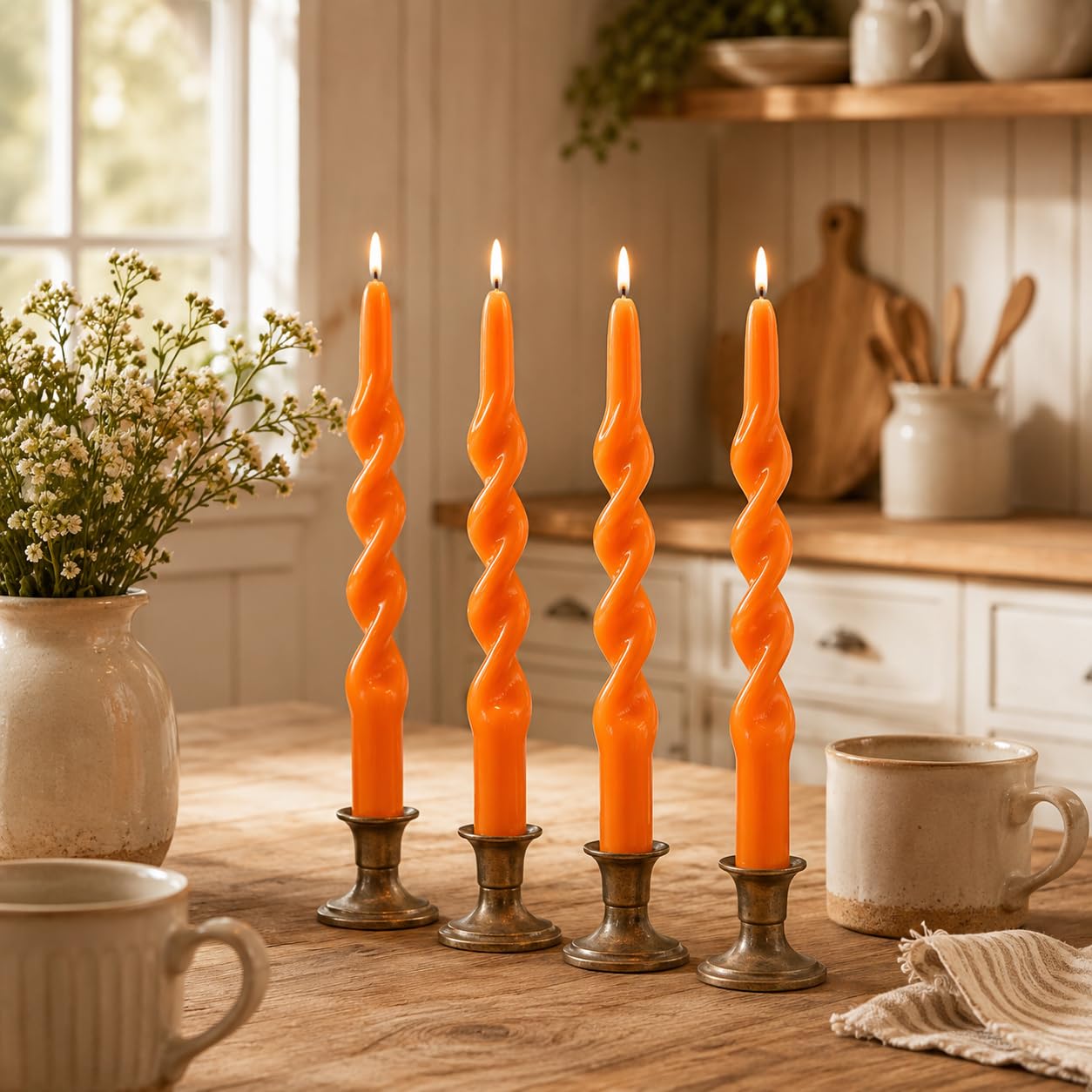 Spiral Taper Candles Set of 4, 10 Inch Orange Handmade Candle Stick, Unscented Tapered Candles, Twisted Candles for Wedding Dinner Table Home Decor Gift