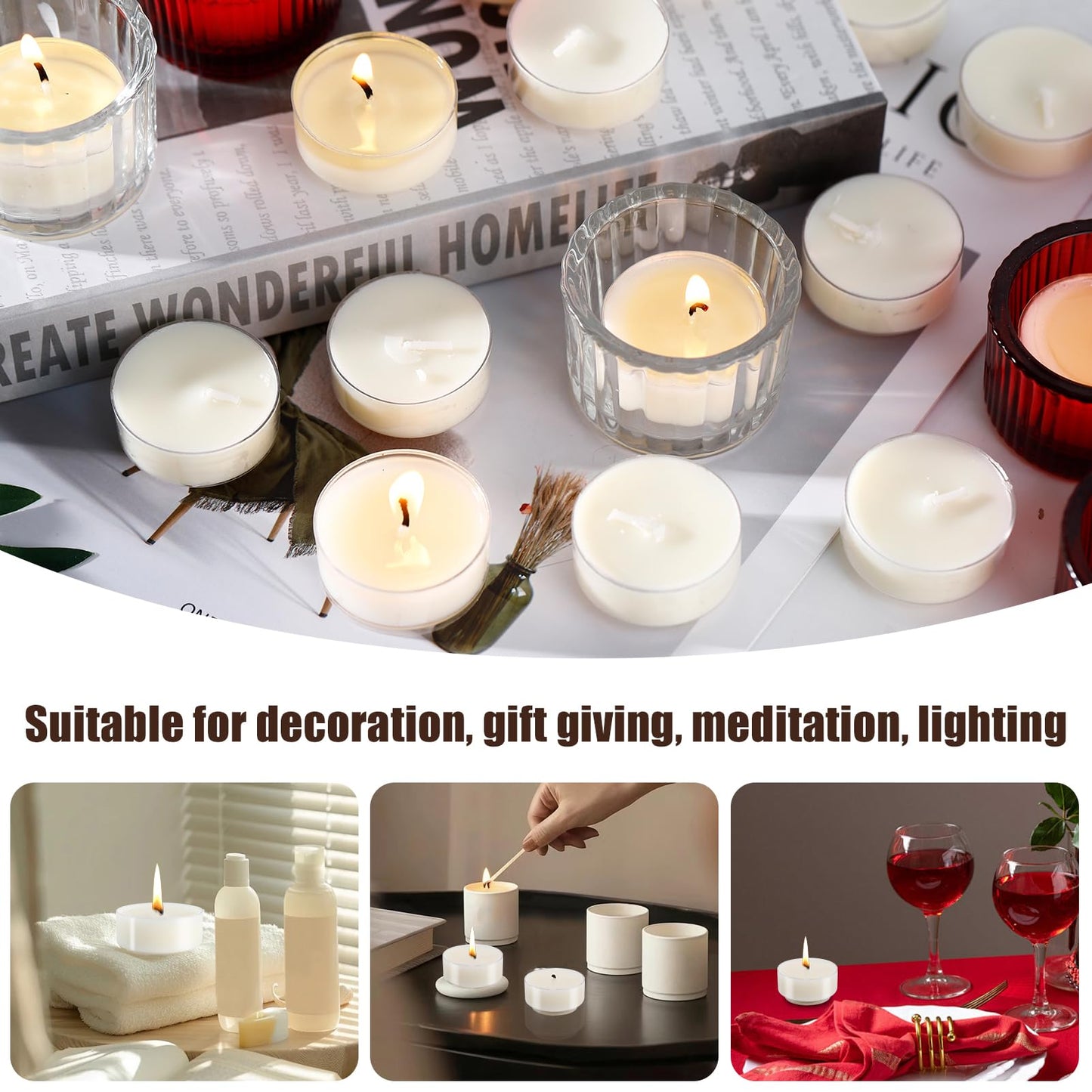 Loccmat 100 Pack Soy Tea Lights Candles,Tealight Candles Bulk,Unscented Natural White Tealight Candle,4 Hours Long Burning,Mini Tea Light Candle for Dinner,Weddings,Emergency,Home Decor