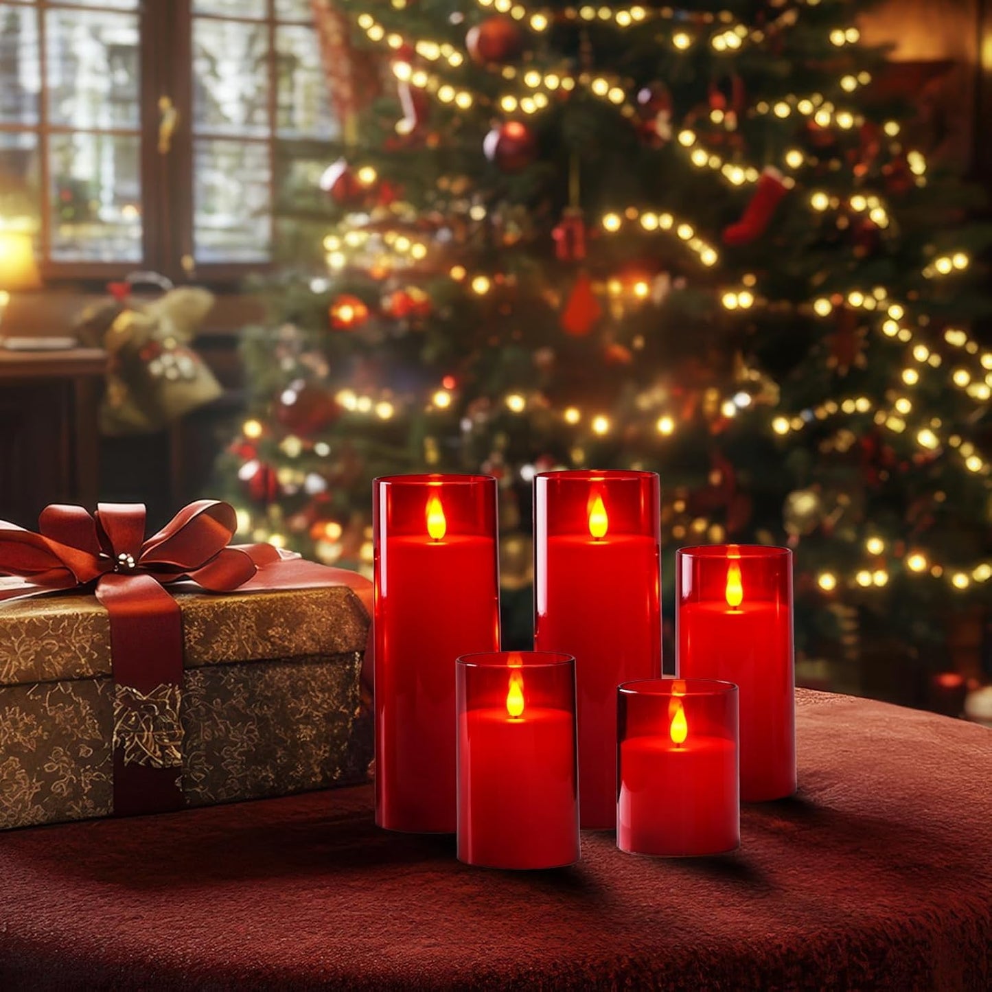 Homemory Christmas Red Flickering Flameless Candles, Battery Operated Acrylic LED Pillar Candles with Remote Control and Timer, Set of 9