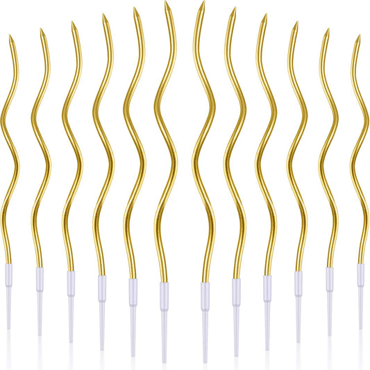 BBTO 12 Pcs Twisted Birthday Candles Spiral Metallic Cupcake Thin Long Cake Candles with Holders for Birthday Wedding Party(Gold)