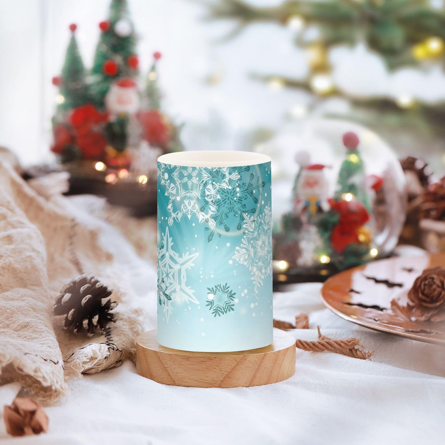 Christmas Lights Decorations Flameless Candles Silver Winter Teal Turquoise Snowflakes Christmas Pillar Candles Set of 2 Battery Operated Remote Control Warm Lights