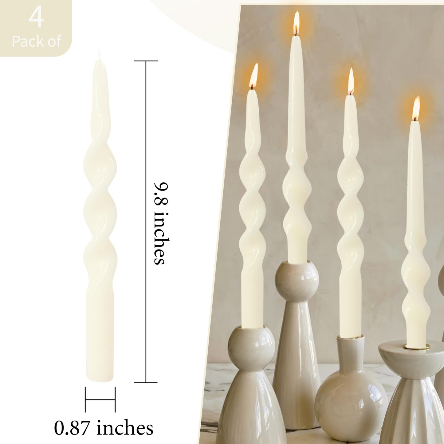 10 Inches Spiral Taper Candles Sticks Ivory Twisted Candle Dripless Unscented Long Candles, Handmade Candlesticks for Wedding Dinner Decor, Set of 4