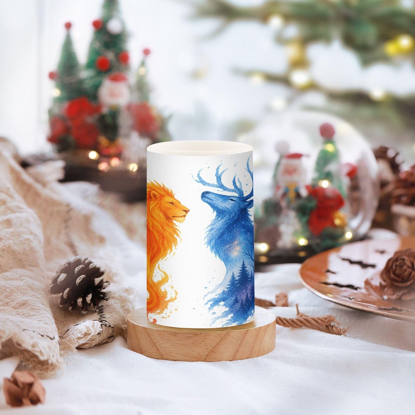 KGLDSNM Fire Lion Forest Deer LED Flameless Flickering Candle with Remote Timer Battery Operated for Indoor Outdoor Party Holiday Home Decor 2 Pack
