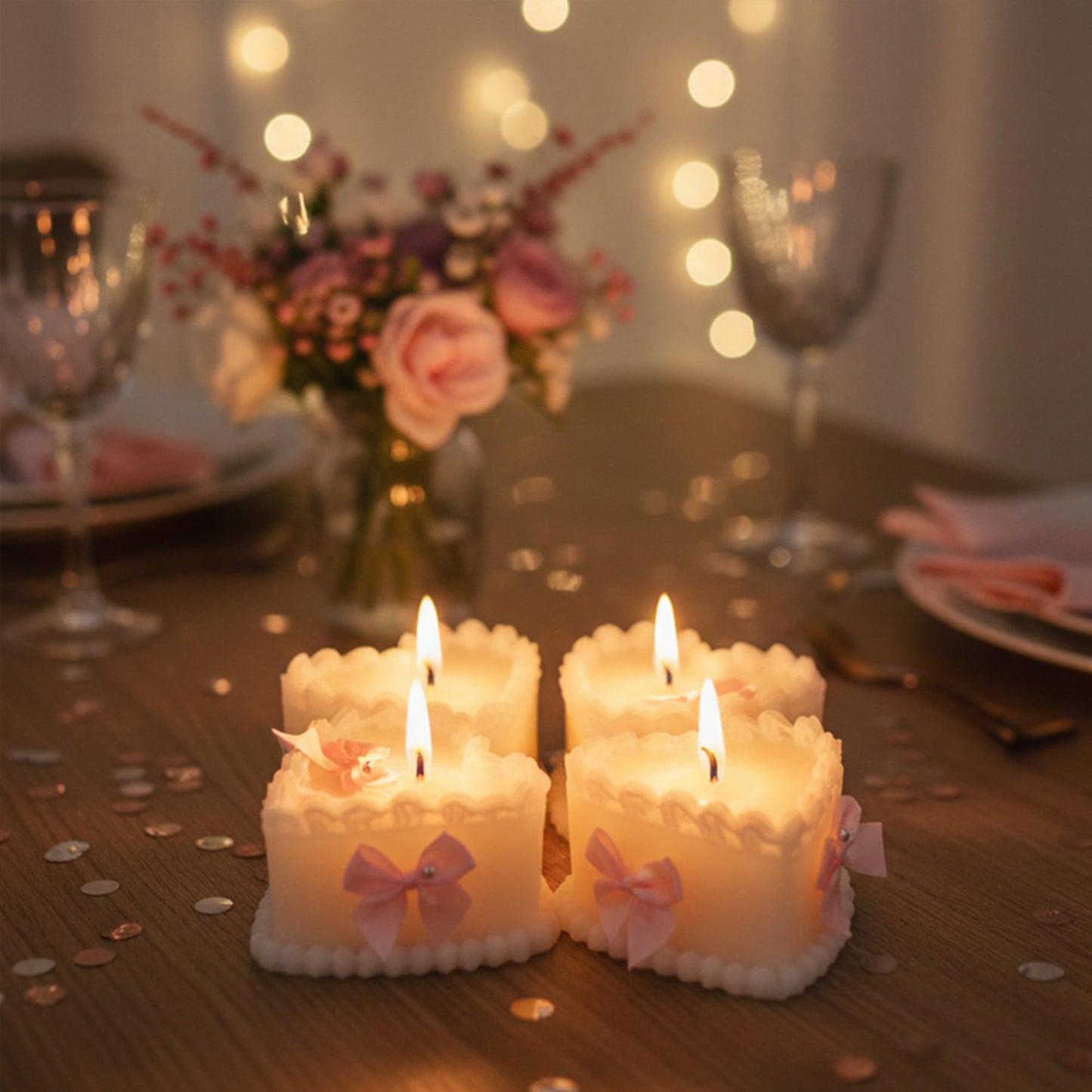 SRCVYLT 4 Pcs Bow Heart Scented Candle Set Rose Fragrance Soy Wax Scented Candle with Fixed Bow Decor for Valentine's Day Party Bedroom Room Table