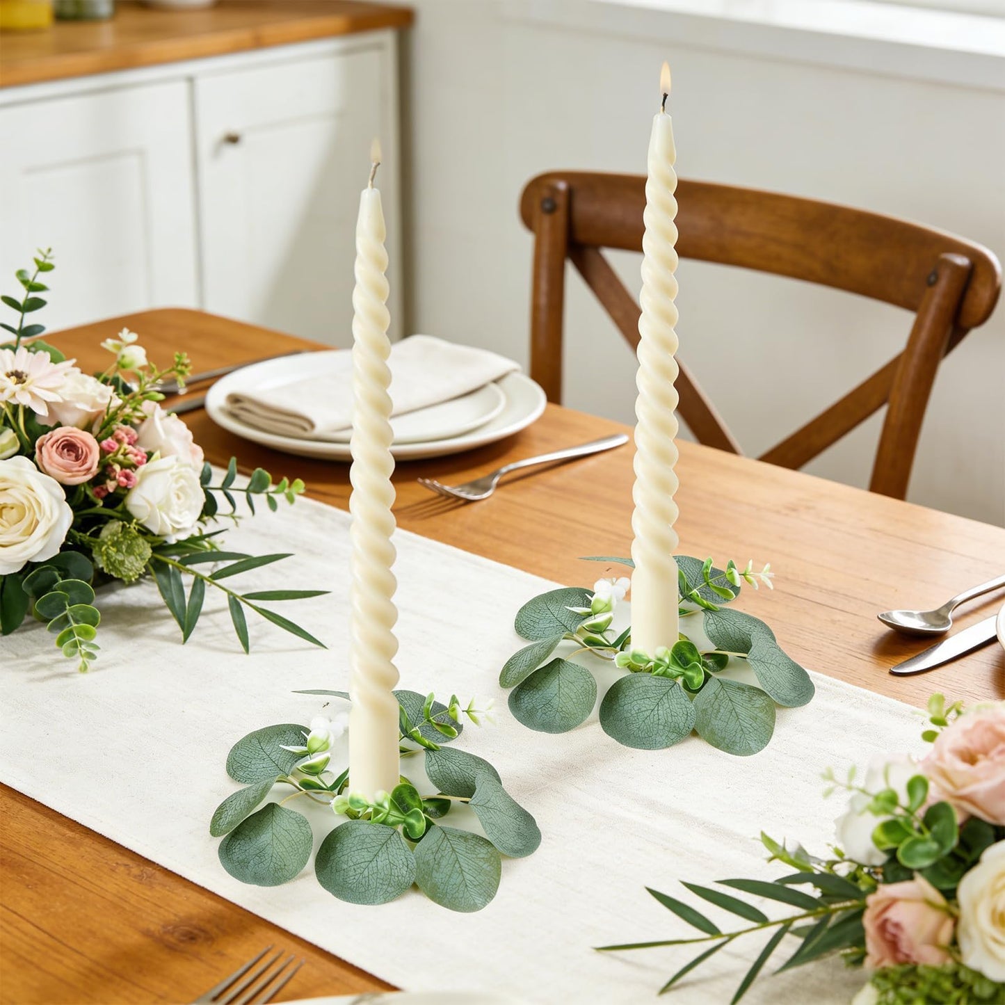 4 PCS Artificial Eucalyptus Taper Candle Rings Wreaths 1.38" Mini Spring Summer Greenery Taper Candle Holder Wreaths Green Rings Table Centerpieces Wreath for Church Farmhouse Home Candlesticks Decor