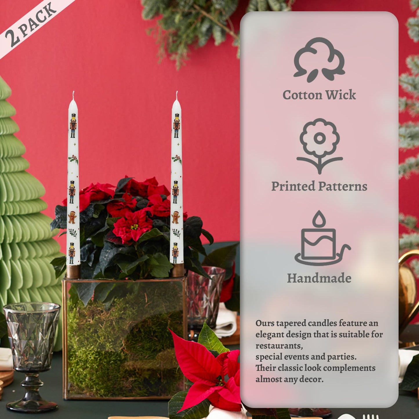 Floral Taper Candles 10 Inch Tall Unscented Handmade Gingerbread Man Print Long Burning Elegant Candlesticks for Christmas Decor Gifts