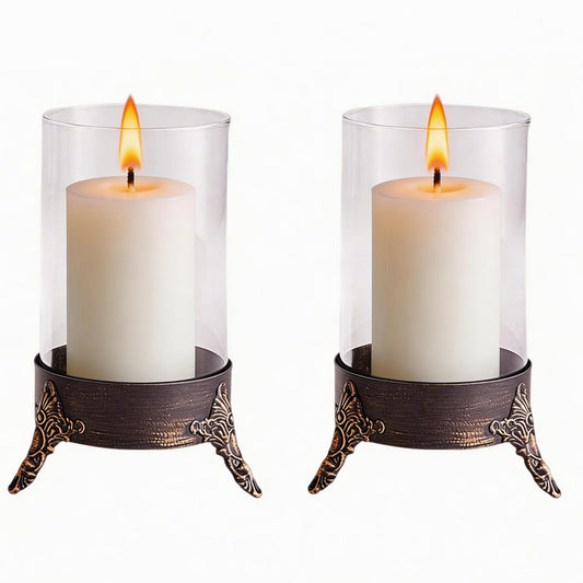 HiSnug Hurricane Candle Holders Set - Elevated Metal Candlestick Holder with Glass Sleeve for Pillar Candles, Vintage Decorative Candleholders for Dining Table Centerpiece Home Decor, 2PCS, L+L, Black