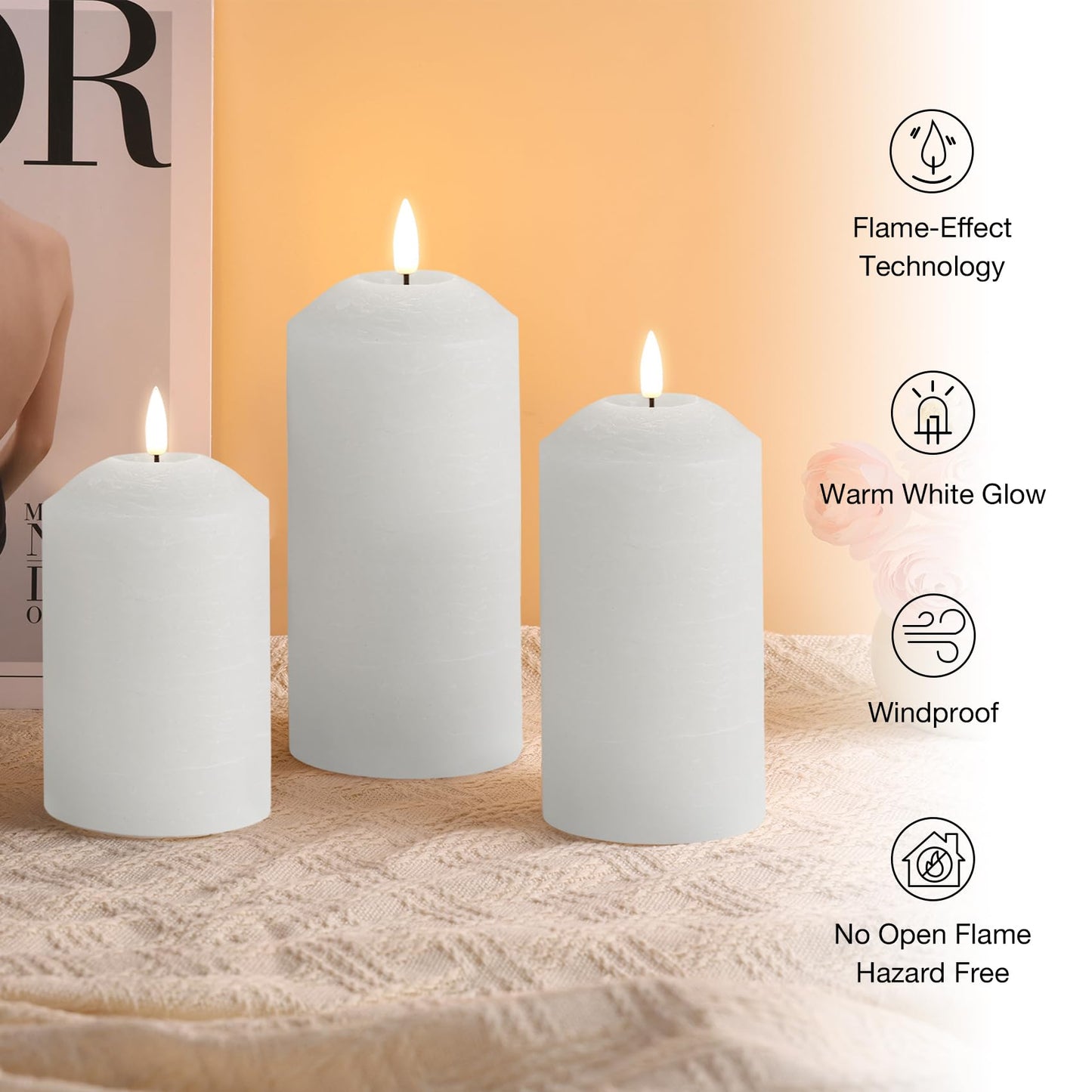 Eywamage White Flameless Pillar Candles with Remote, Flickering LED Candles Battery Powered Real Wax Set of 3