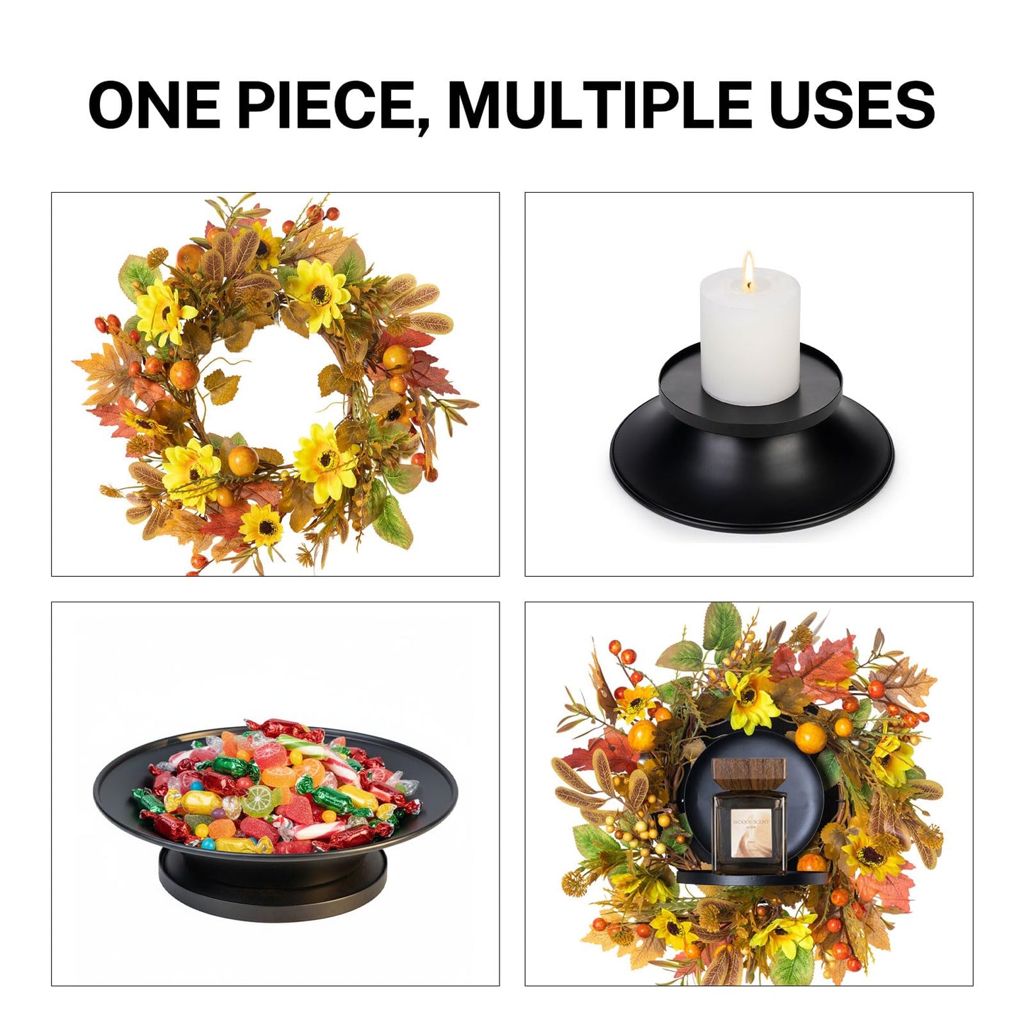MOYEE Autumn Candle Holder Centerpieces for Tables,Candle Ring, Black Metal Candlestick with an Artificial Wreath 14 in Versatile Dining Table Centrepiece (Yellow Sunflower Wreath)