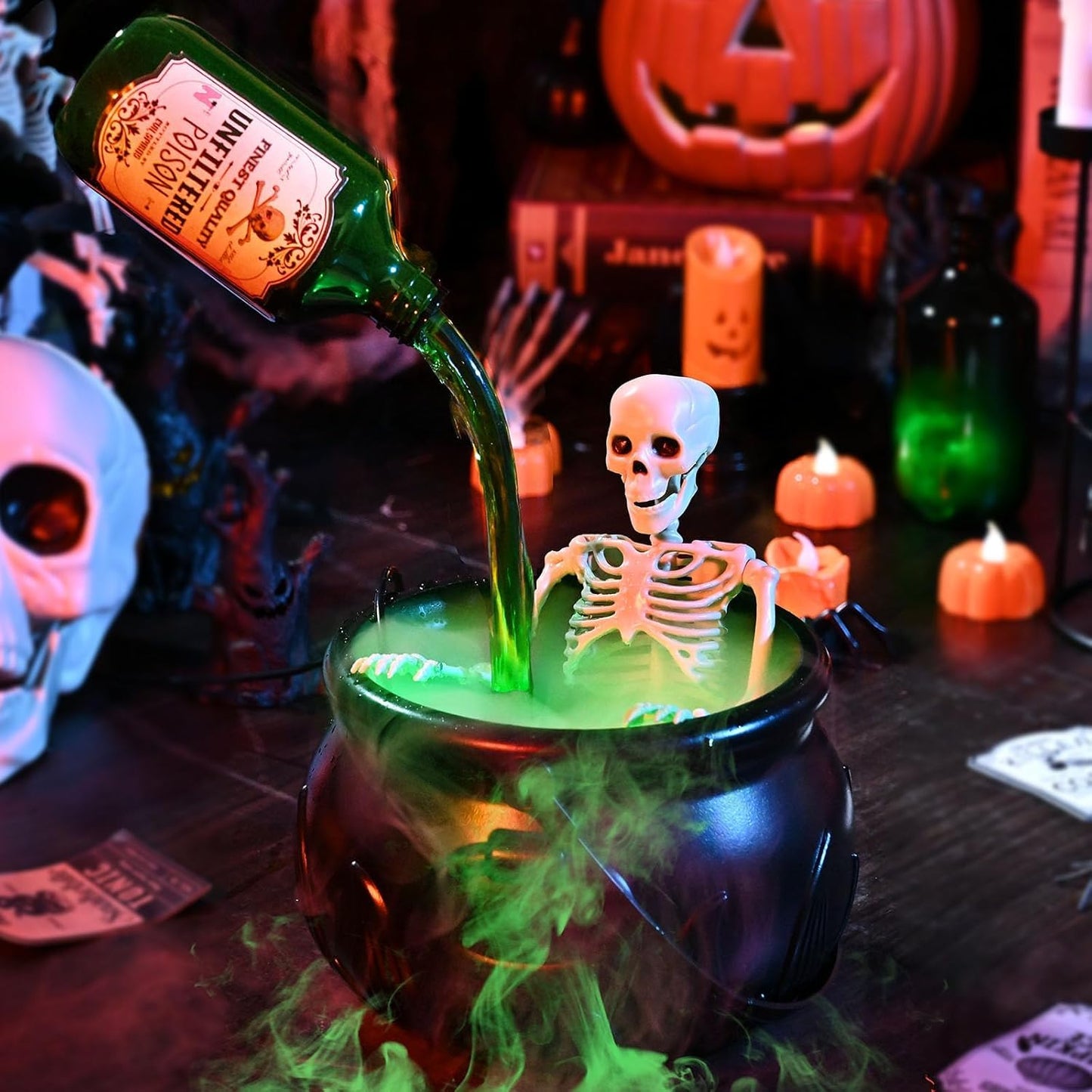 Halloween Decorations Indoor, Cauldron Halloween Decor with Magic Floating Potion Bottles and Diffuser - Black Witches Bowl Hocus Pocus Party Decoration for Spooky Home Kitchen Table (8in/20cm)