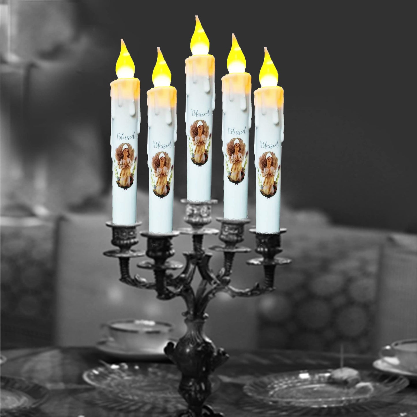 TAIANLE Primitive Battery Operated Flameless Taper Candles with Timer, 6.75 Inch Flickering Led Candlestick, Dripless Decorative Taper Candle for Halloween Christmas Wedding Home Decor