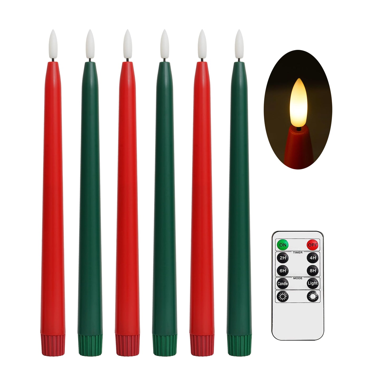 Stmarry Green and Red Flameless Taper Candles with Remote Control - 11 Inch LED Candlesticks Battery Operated, Realistic 3D Flame with Wick, Timer, 6 Pack Holiday Candles Christmas Decor