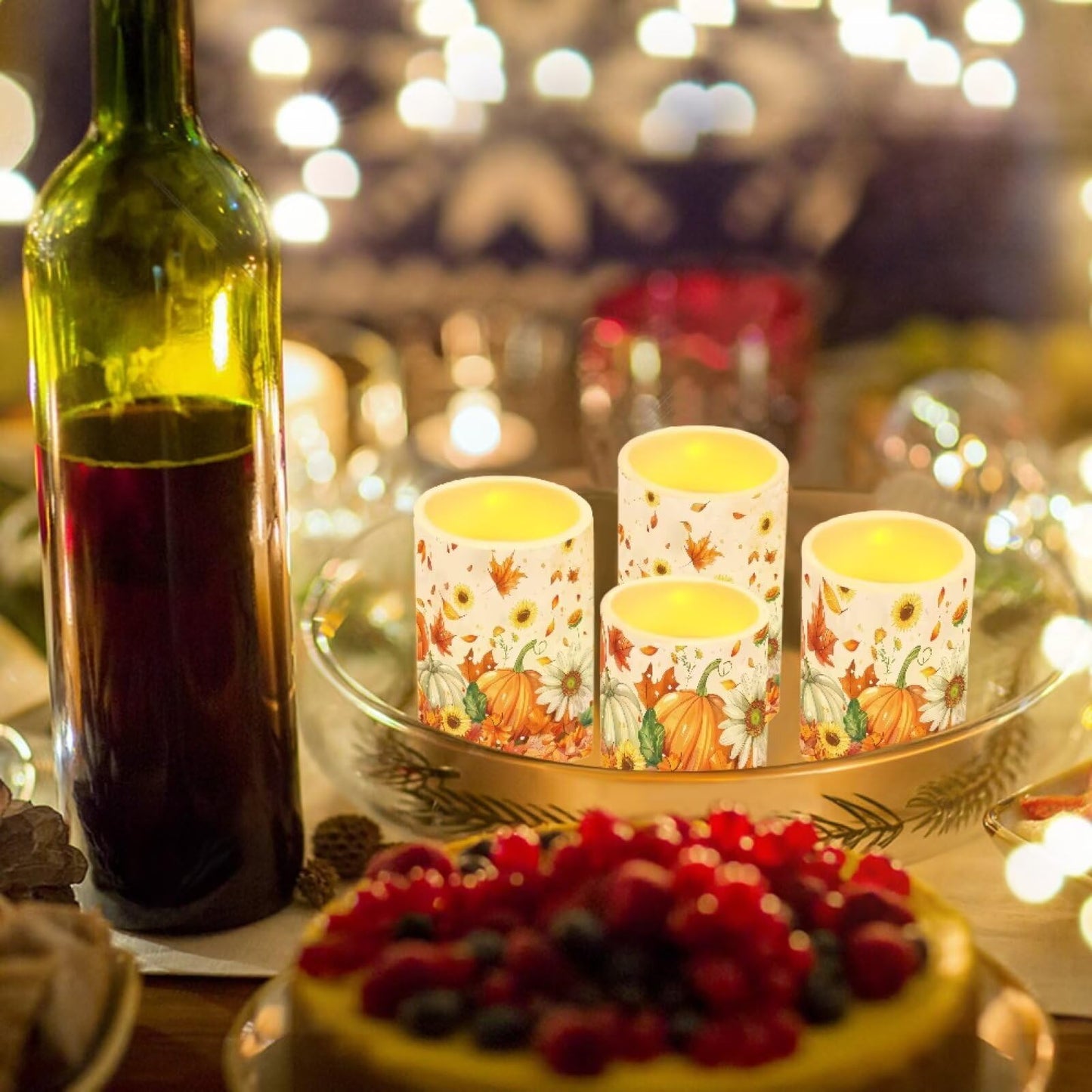 Merkmak Pack of 4 Thanksgiving Flickering Remote Flameless Candles Bulk Fall Sunflower Pumpkin Leaves Print Battery Operated LED Pillar Candles with Timer for Home Party Decoration