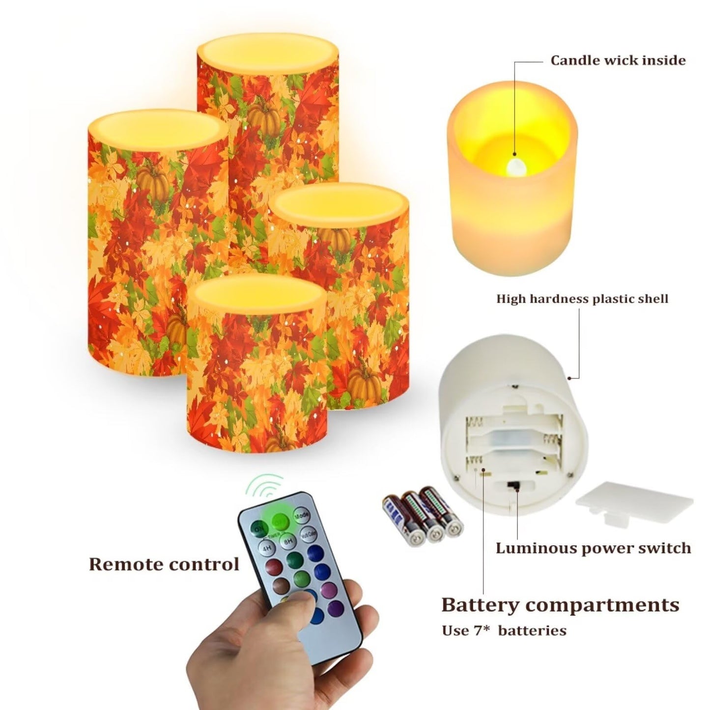 NEITLGEN 4 Packs Flameless Candles with Timer Remote, Flickering Battery Operated LED Pillar Candles Fall Maple Leaf Print for Thanksgiving Day Decor