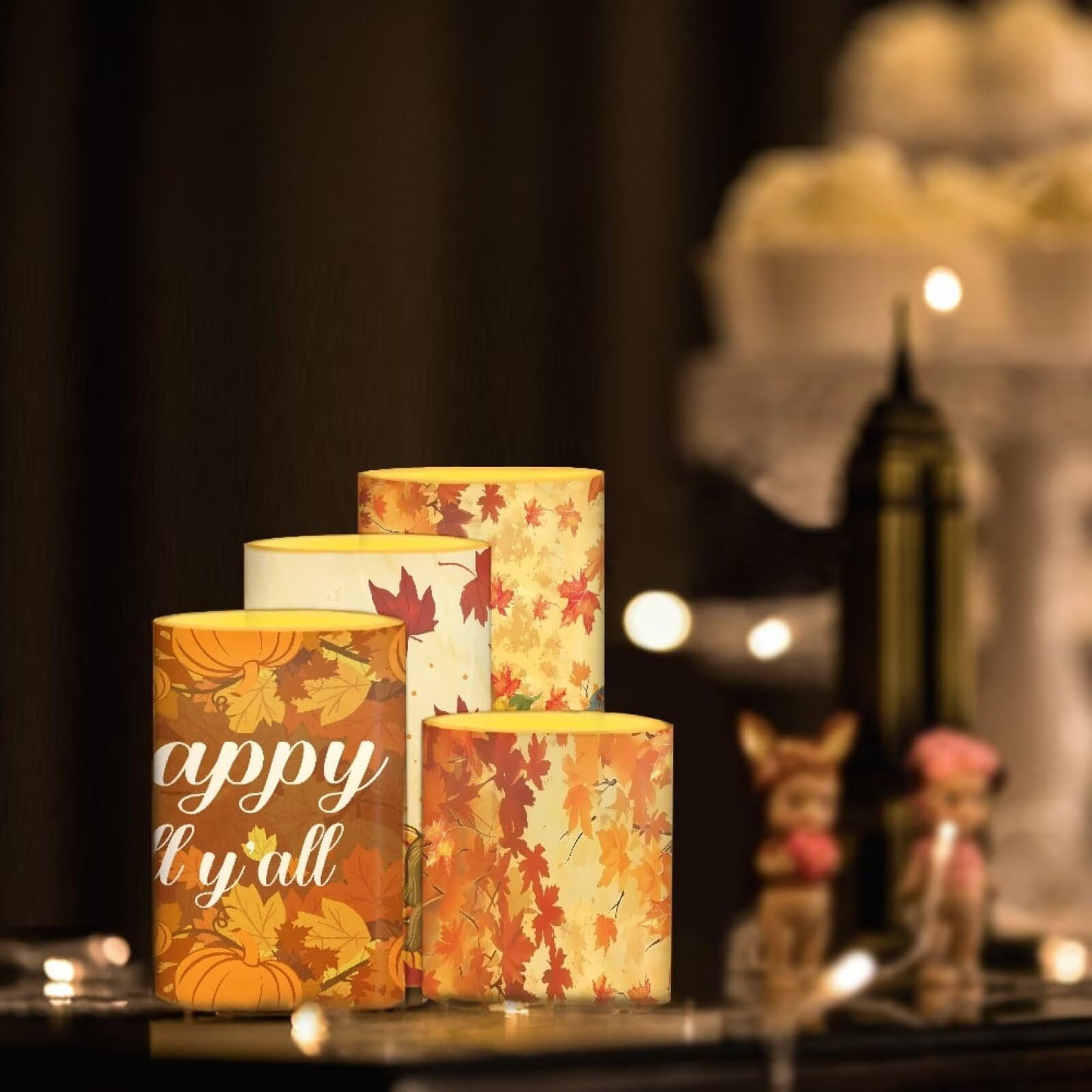 Merkmak 4 Pack Happy Fall Maple Leaves Flickering Flamless Candles with Remote LED Battery Operated Elictric Pillar Candles with Timer Control for Thanksgiving Party Decorations