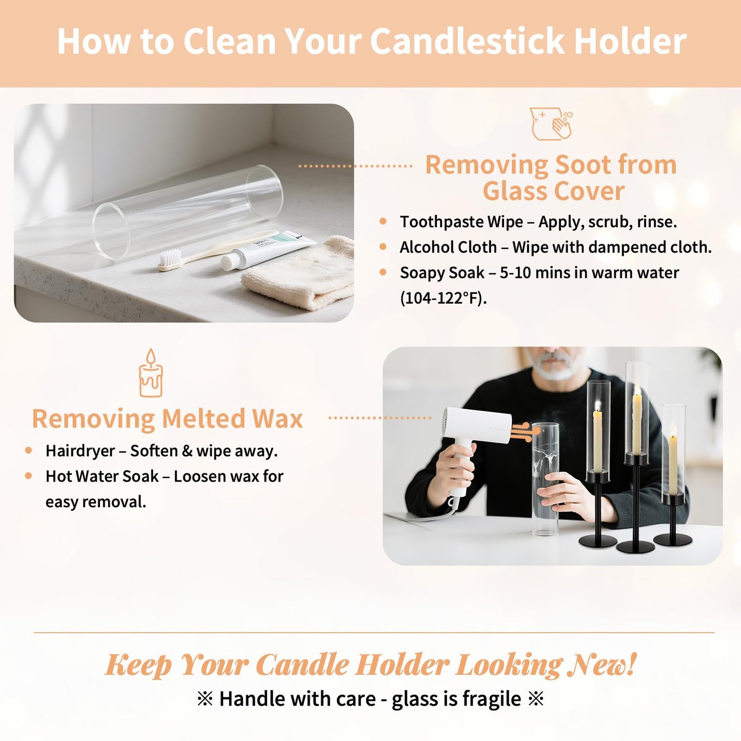 NUPTIO Black Candlestick Holders for Centerpiece: Set of 3 Hurricane Taper Holder with Windproof Glass Cover Long Stem Cylinder Metal Candle Sticks Stands for Halloween Christmas Table Decoration