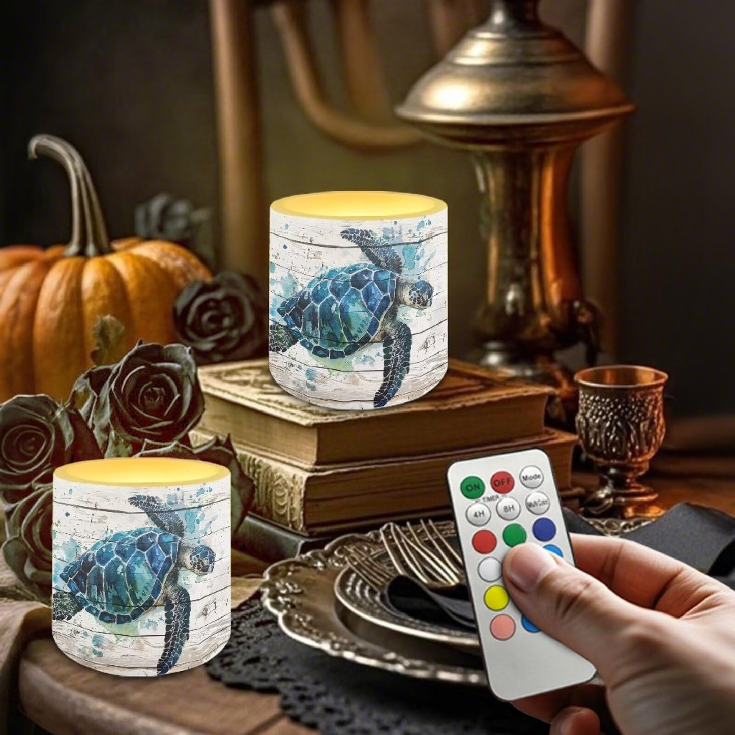 NETILGEN Sea Turtle Flameless Candles with Remote Timer Pack of 4 Battery Operated LED Pillar Candles 3 inch Realistic Flickering Flameless Candles Home Decor