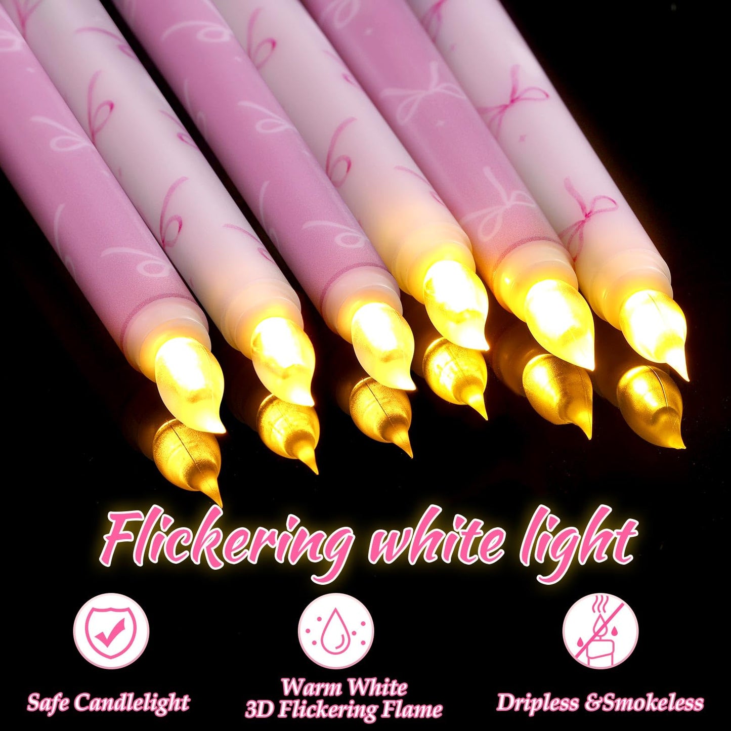 Conelist 6 Pcs Pink Bow Flameless Taper Candles 10.6 Inch Coquette LED Battery Operated Candles for Birthday Bridal Wedding Dinner Room Decor