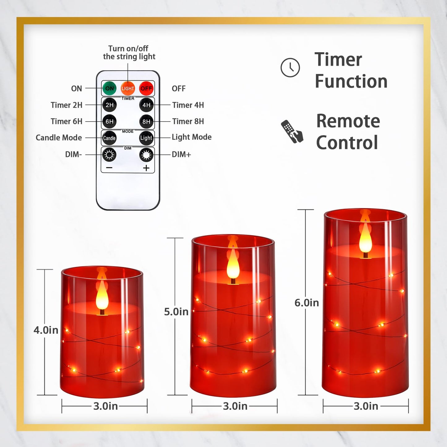 NURADA Flickering Flameless Candles: Built-in Star String Lights Battery Operated LED Pillar Candles with Remote and Timer Romantic Decorations for Wedding Party Christmas Halloween - Red 3 Pack