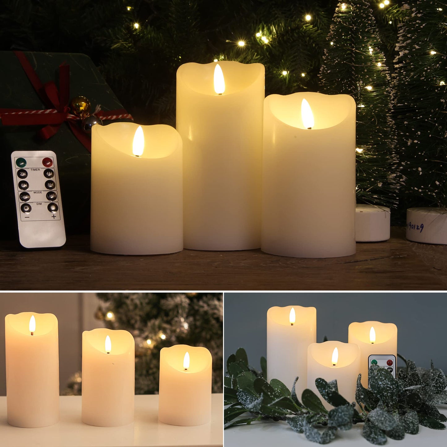 LUSHARBOR Flameless Candles with Remote, Battery Operated Wax LED Flickering Candles - Set of 3 (White) with Timer for Home Decor, Perfect for Christmas Party White