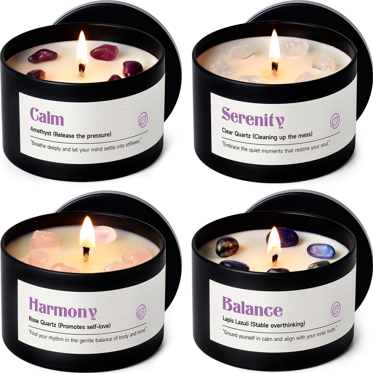 AOOVOO Crystal Soothing Candles Set for Women - 4 Pack 26 oz Soy Wax Candle for Home Scented, 200 Hour Long Lasting Candle, Calm Amethyst/Serenity Clear Quartz/Harmony Rose Quartz/Balance Lapis Lazuli