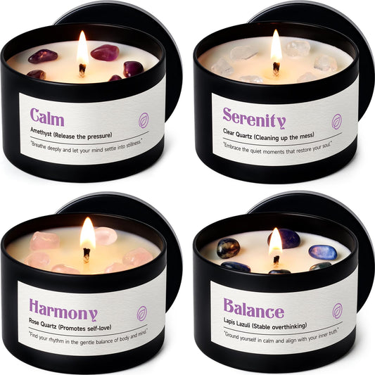 AOOVOO Crystal Soothing Candles Set for Women - 4 Pack 26 oz Soy Wax Candle for Home Scented, 200 Hour Long Lasting Candle, Calm Amethyst/Serenity Clear Quartz/Harmony Rose Quartz/Balance Lapis Lazuli
