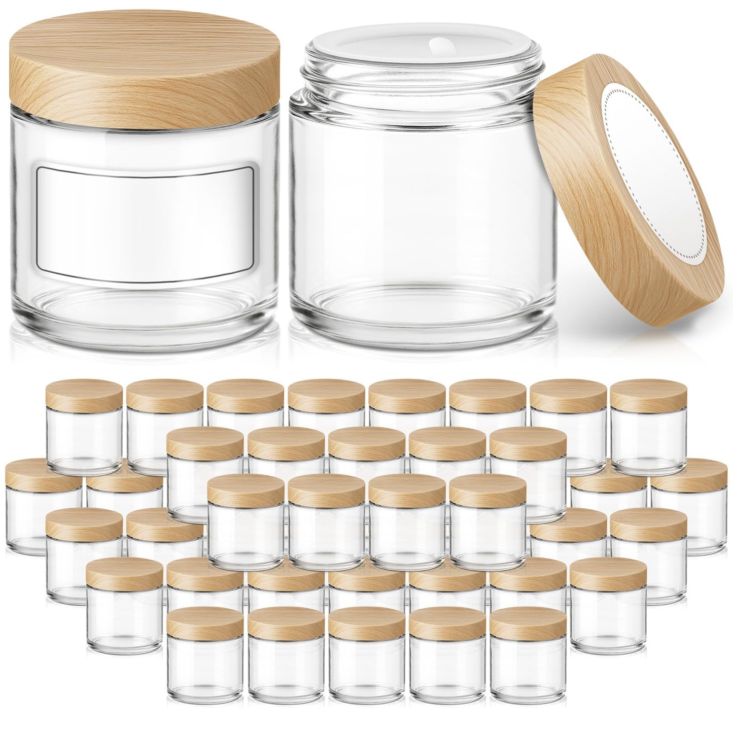 4 oz Glass Jar with Lids, 48 Pack Small Glass Candle Jars with Lids & Sticker, Empty Cosmetic Containers for Sample, Cream, Spice, Lotion, Ointments（Plastic Woodgrain）