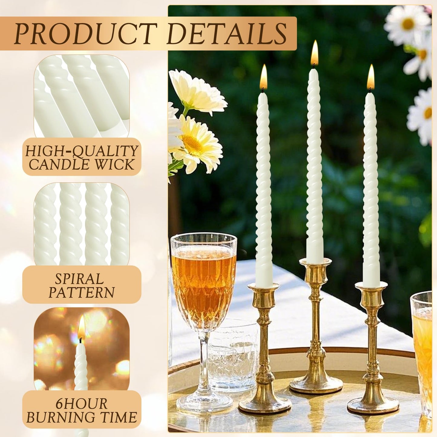 Jeffbaubl 16 PCS Spiral Taper Candles,10 Inch Dripless Twisted Candles,White Spiral Candle Twisted Candlesticks,Long Unscented Candle Sticks for Dinner Wedding Party Home Decoration