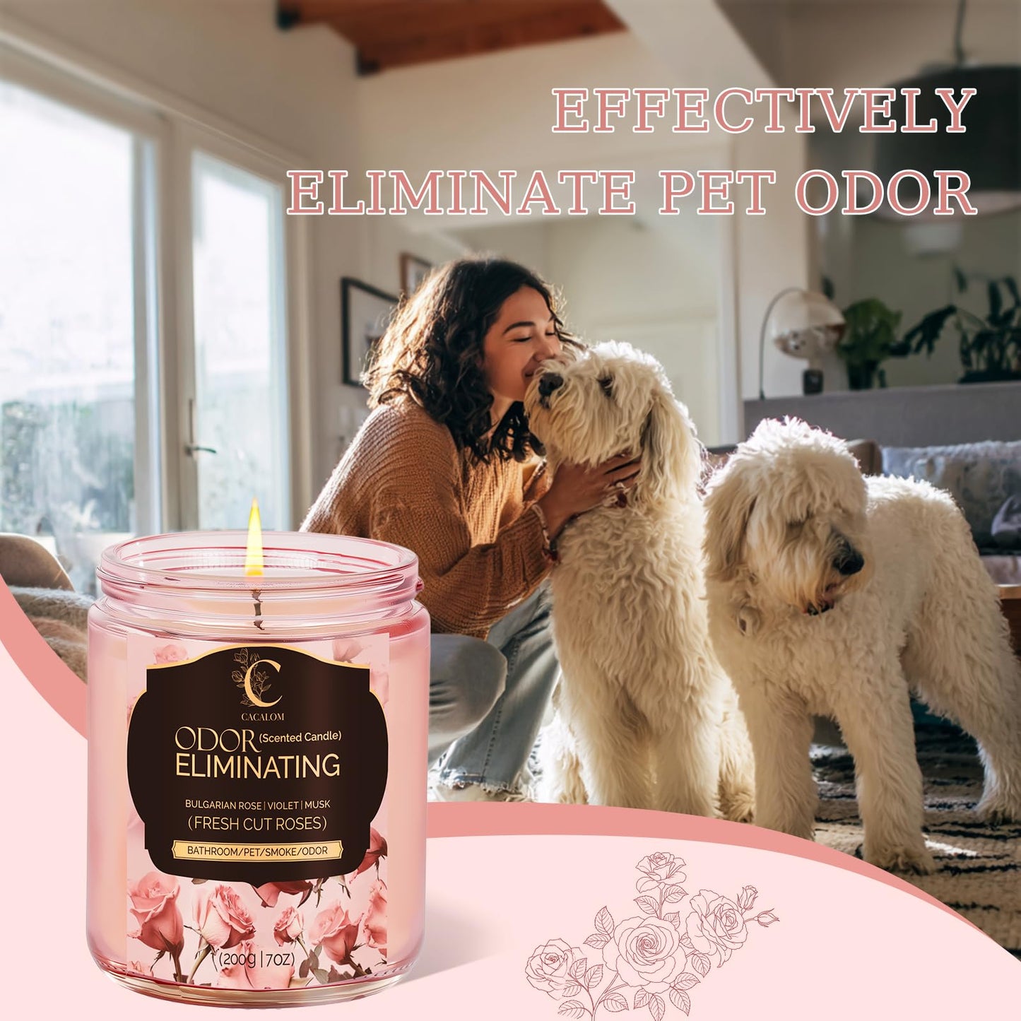 Rose Odor Eliminating Candles, Pet Scented Candles for Home, Single Wick Soy Candle Gifts for Women, Men, Ideal for Creating Relaxing Atmosphere, Over 50 Hours of Burn Time