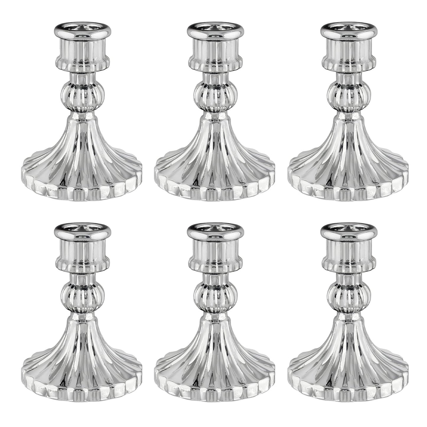 ECHFSM Glass Candlestick Holder,Striped Taper Candle Holders,Set of 6 Candle Stand for Table Centerpieces, Home Decor,Weddings,Festival and Parties (Silver Stripe)