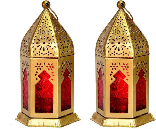 6.5"" Moroccan Lantern Red-Colored Glass Hanging Lamp | Home Decor | Tealight Holder (2 Pieces)