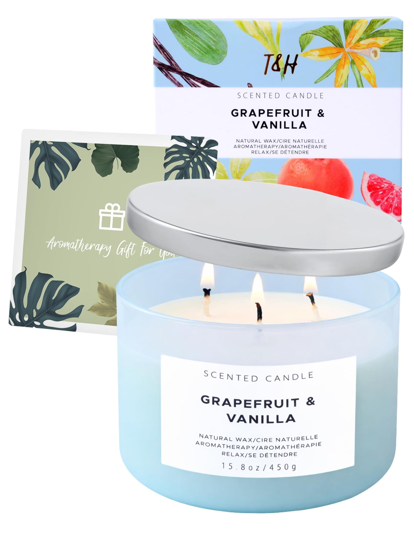 Grapefruit Vanilla 3-Wick Soy Candle | 15.8 oz Large Scented Candle for Home | Highly Scented Aromatherapy Candle for Women | Luxury Citrus Vanilla Candle Gift | Clean Burn Long Lasting