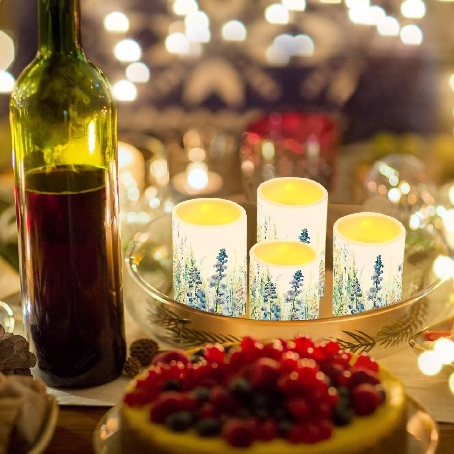 Merkmak Pack of 4 Flickering Flameless Candles Bulk with Remote Outdoor Battery Operated LED Candles with Timer Elictric Pillar Lights for Beach Coastal Home Decoration, Floral Green Leaves