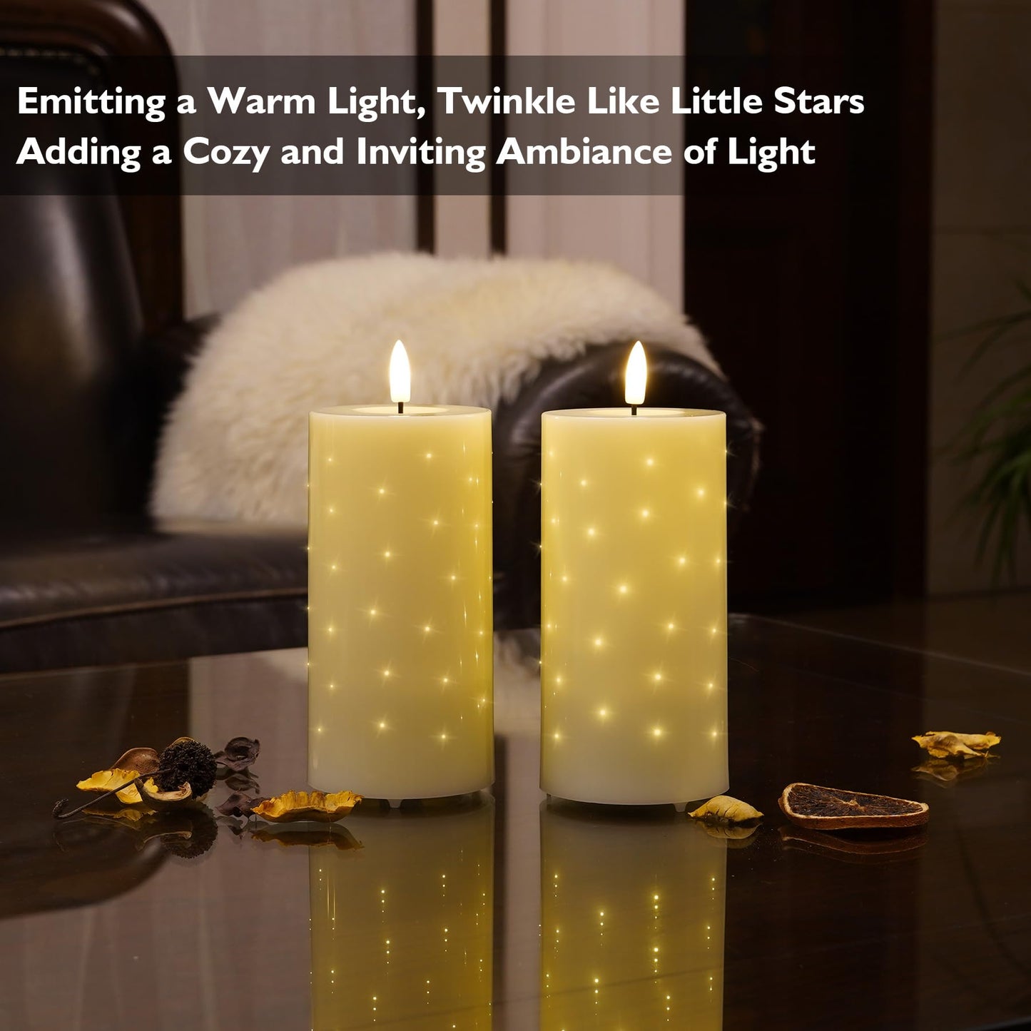 Rhytsing 6 Inches Water-Resistant LED Candles with Twinkle Fiber Optic Lights and Remote, Outdoor Battery Operated Candles for Garden, Bathroom and Patio - Set of 2