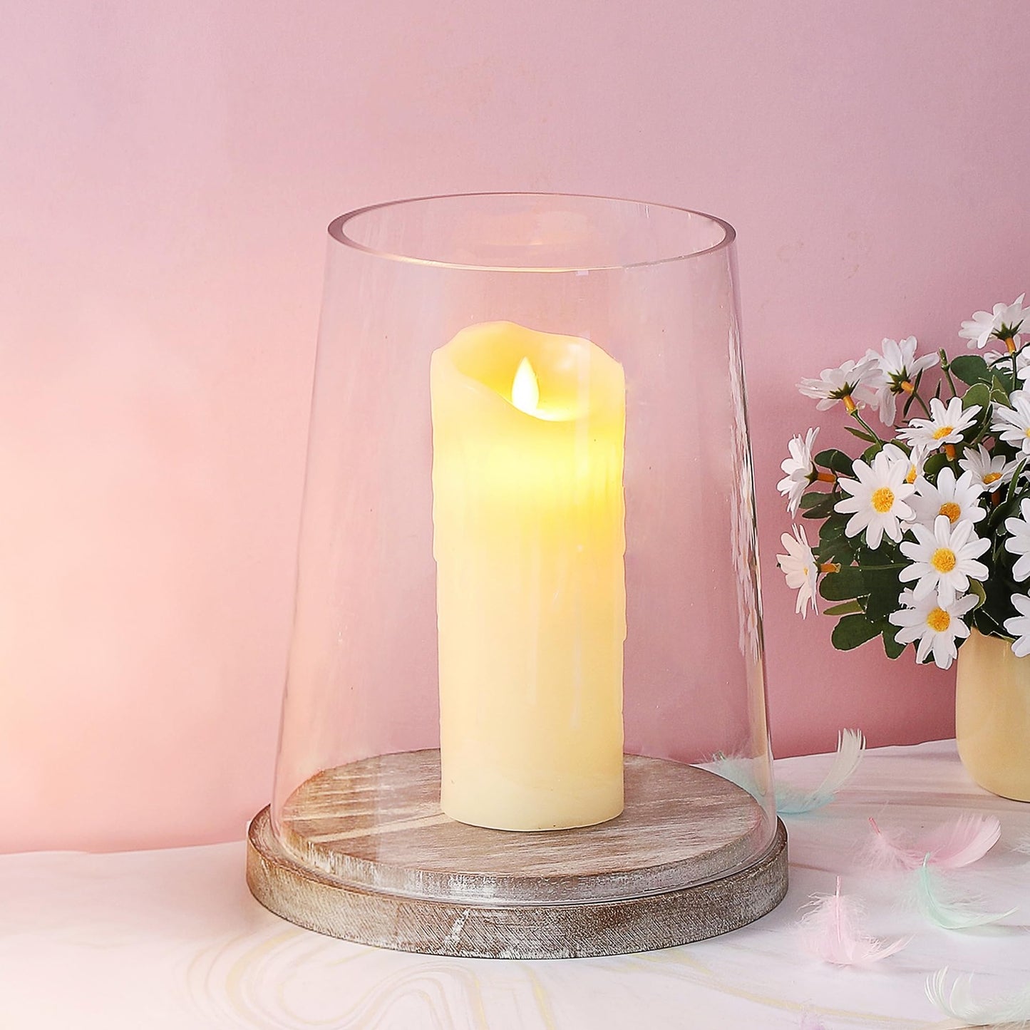 8" Wide Glass Hurricane Candle Holders with Handmade Sturdy Glass Sleeves and Distressed Brown Wood Base for Pillar Candle & Plants, Industrial, Farmhouse, Display Cloche Bell Jars, Table Centerpiece
