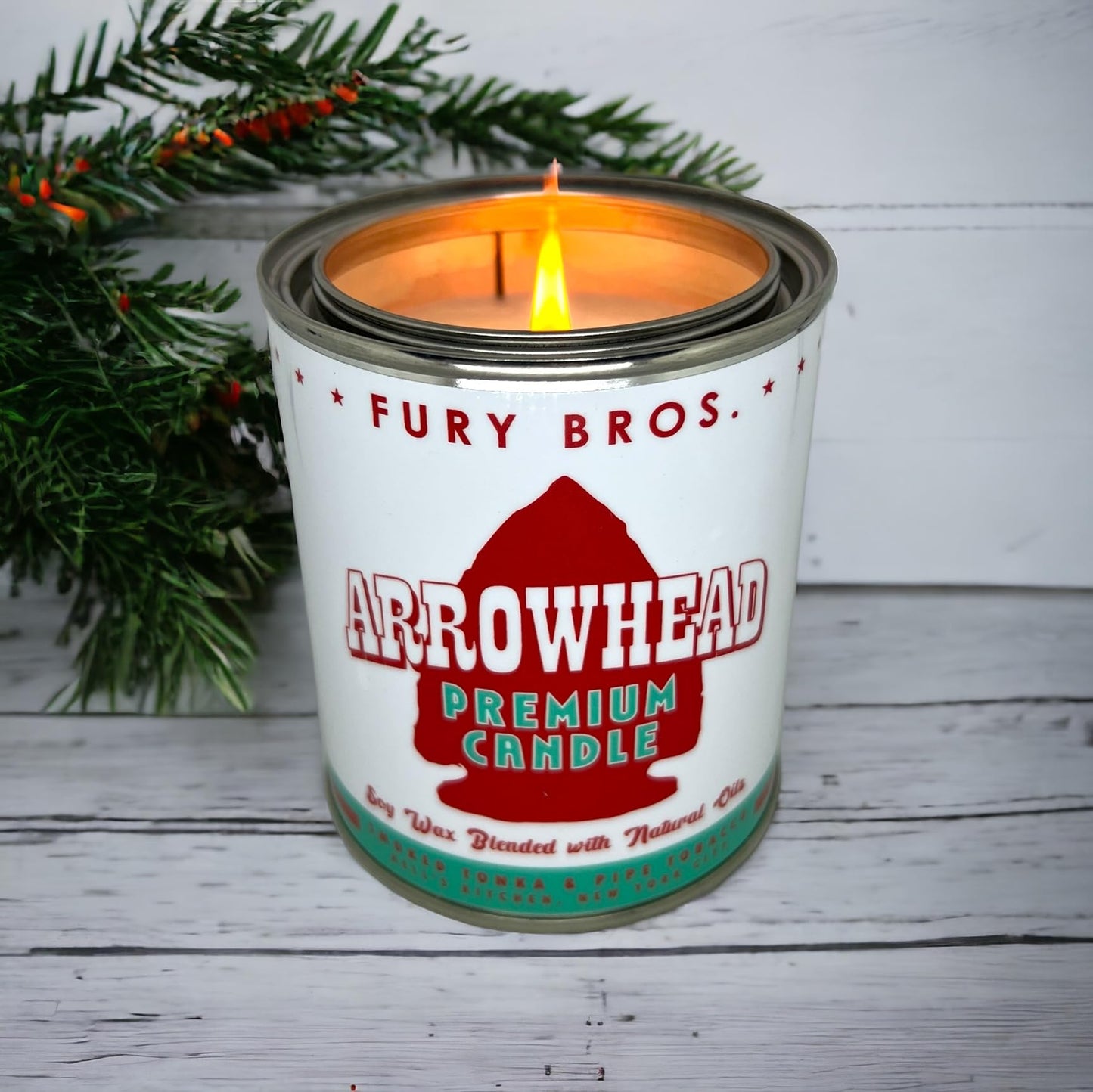Long-Burning, One-Pint Premium Candles for Men | Vintage Inspired Oil Can Design | Arrowhead - Smoked Tonka & Pipe Tobacco | Soy Wax, Vegan Friendly, Made in The USA | Fury Bros. | Classically Cool