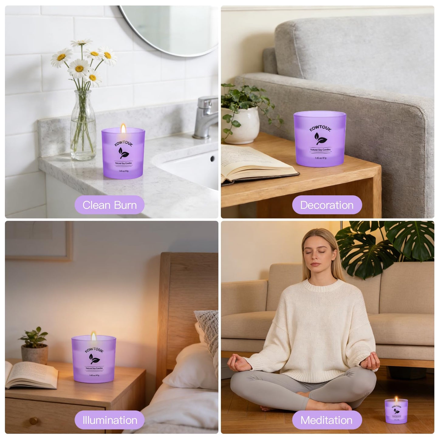 Set of 4 White Unscented Soy Candles, Purple Glass Filled Votive Candles, Hand Poured Wax Candle for Home Décor Aromatherapy Spa Holidays Party and Weddings